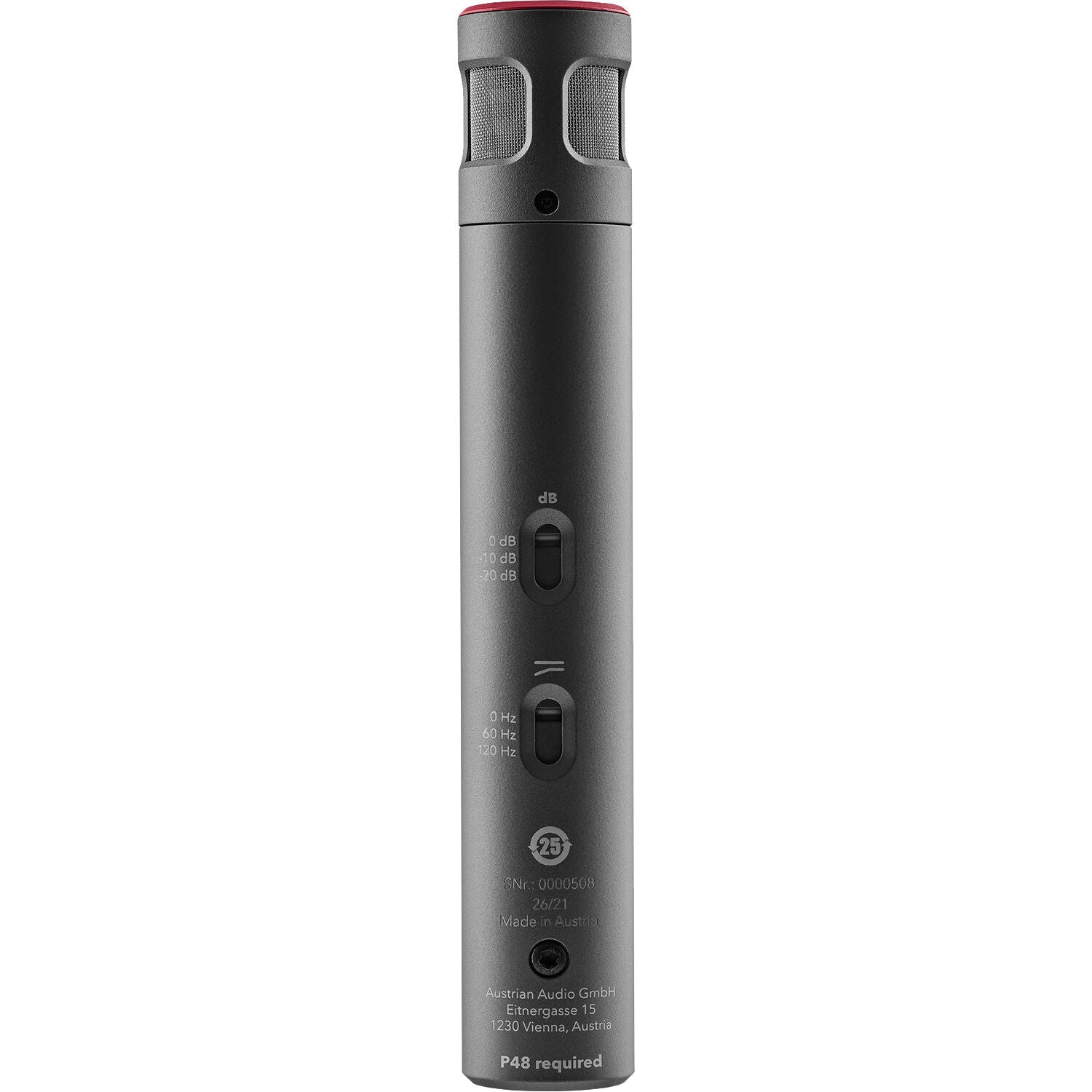 Austrian Audio CC8 condenser microphone with black body and grille, mounted on a stand, ready for professional recording.