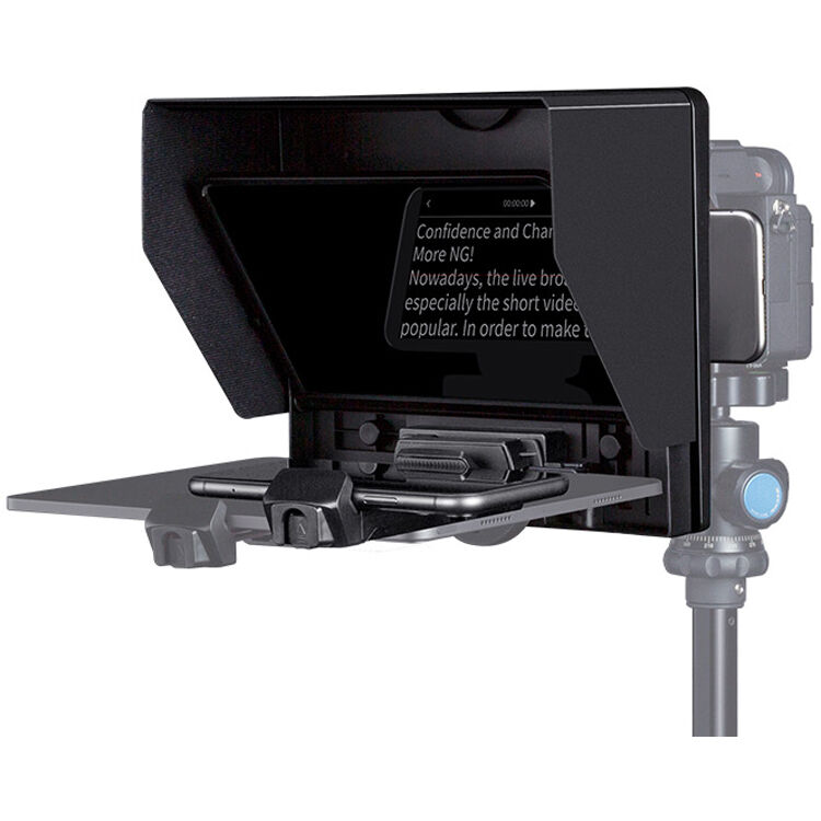 Feelworld TP10 portable 10-inch folding teleprompter for DSLR cameras, with reflective glass and adjustable stand.