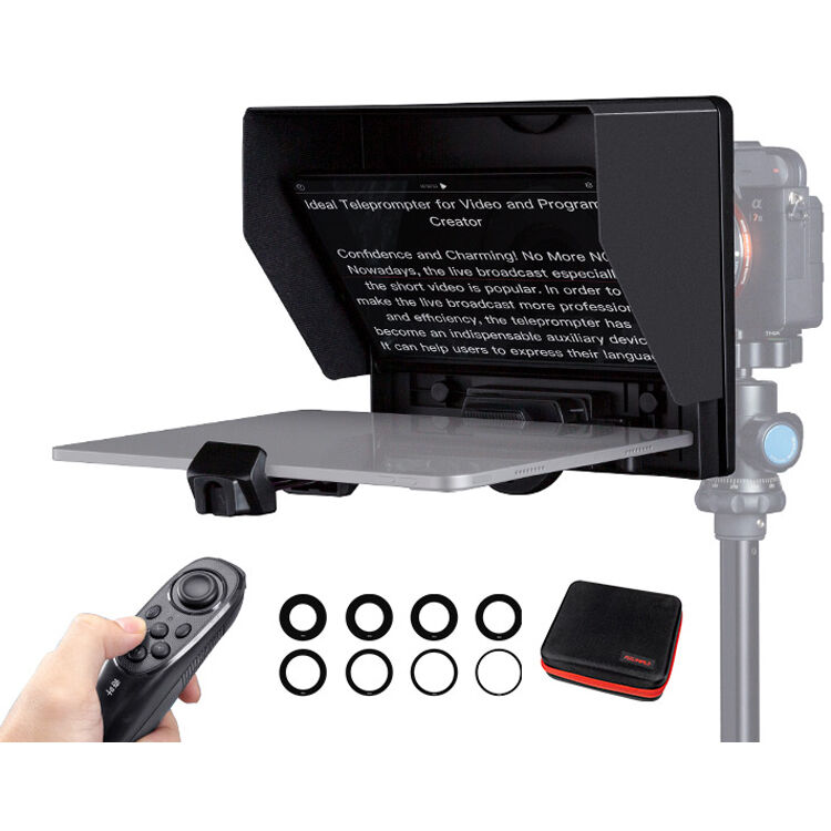 Feelworld TP10 portable 10-inch folding teleprompter for DSLR cameras with clear glass and adjustable support arm.