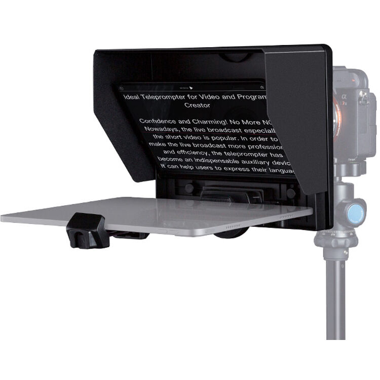Feelworld TP10 portable 10-inch folding teleprompter for DSLR cameras, with reflective glass and adjustable support arm.