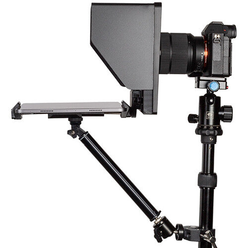 Feelworld TP10 portable 10-inch folding teleprompter for DSLR cameras, with reflective glass and adjustable stand.
