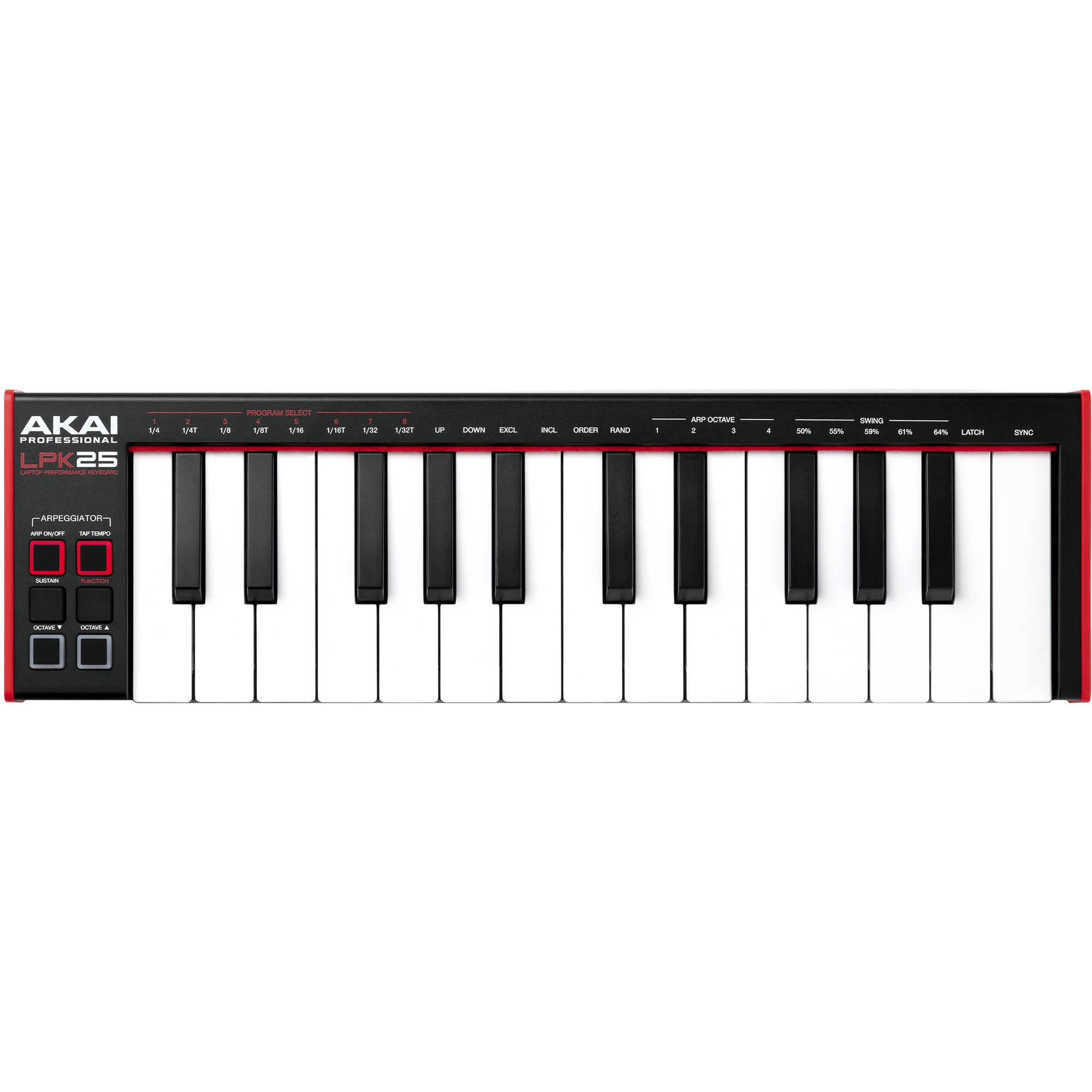 Akai Professional LPK25 MK2 MIDI keyboard with 25 keys, compact design, and control buttons for music production.