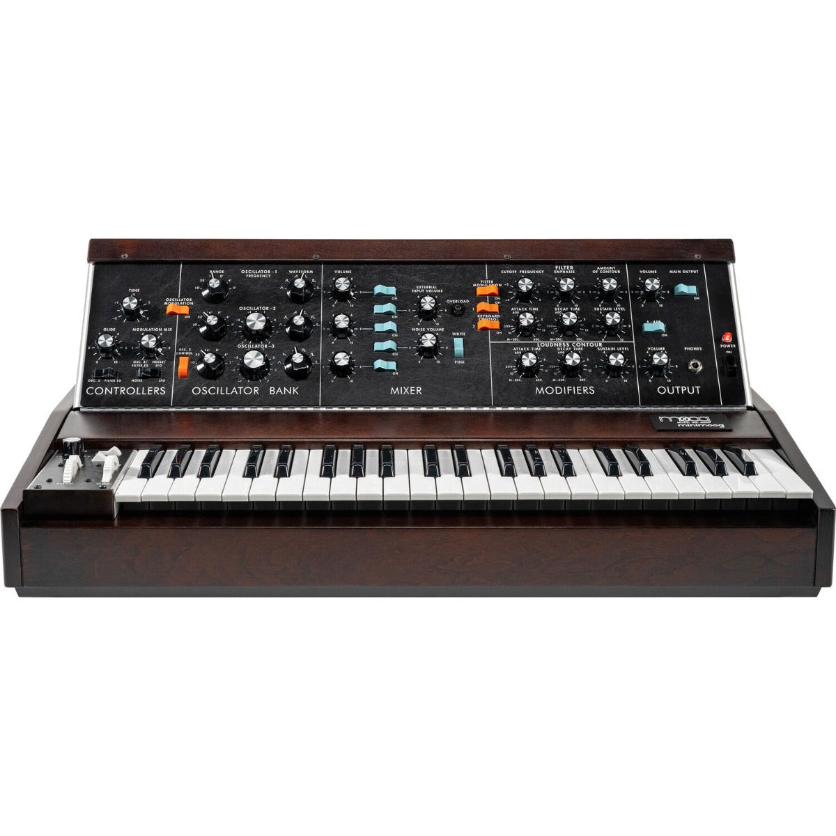 Moog Minimoog Model D synthesizer with control knobs and keyboard, classic analog synth for music production.