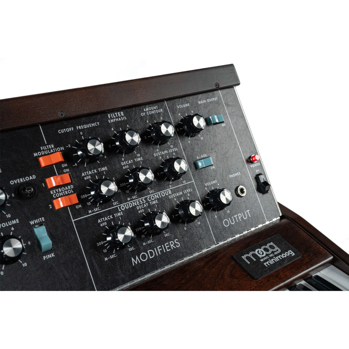 Moog Minimoog Model D synthesizer with vintage-style controls and keyboard, highlighting its classic design and hardware interface.
