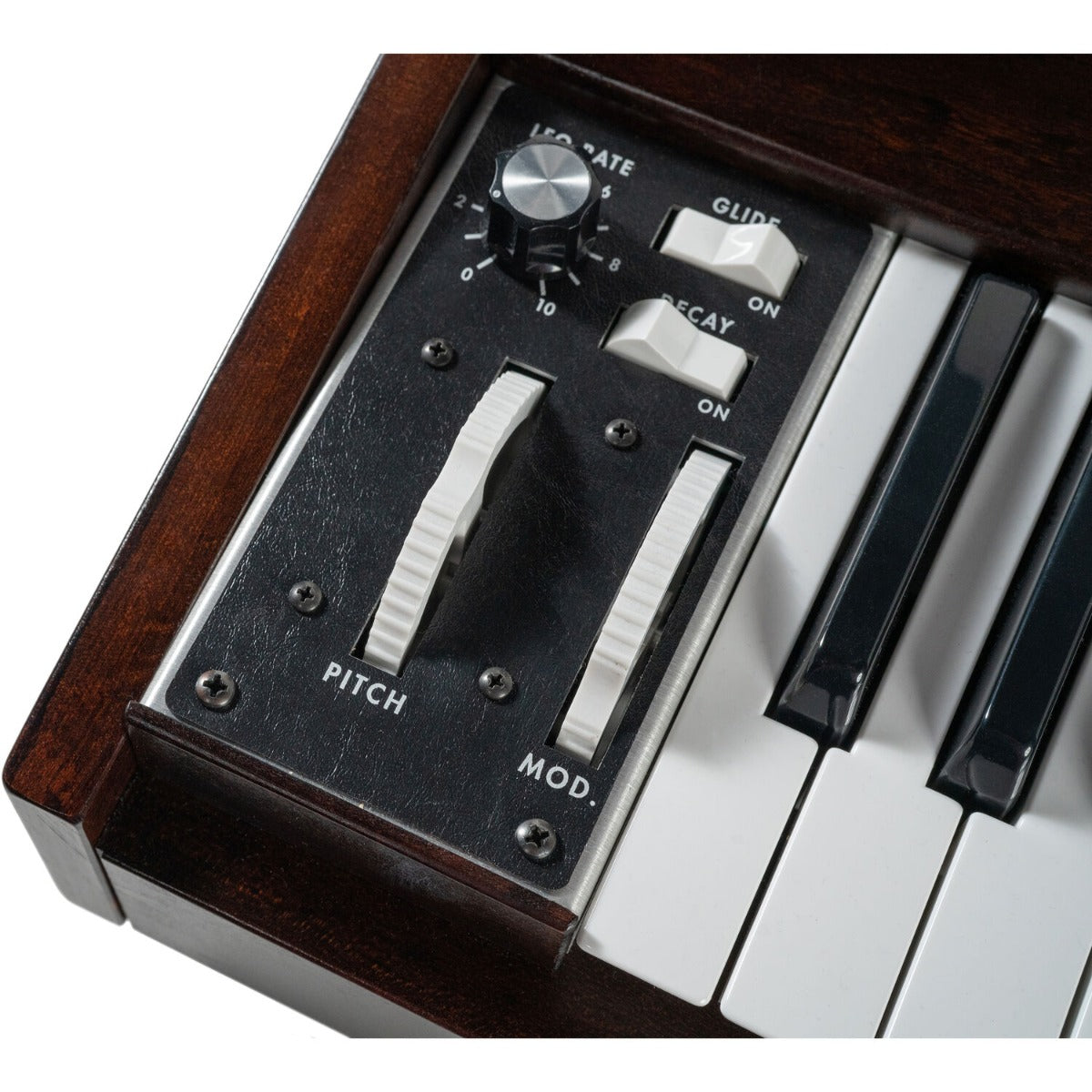 Moog Minimoog Model D synthesizer with vintage control panel and keyboard, classic analog synthesizer for music production.