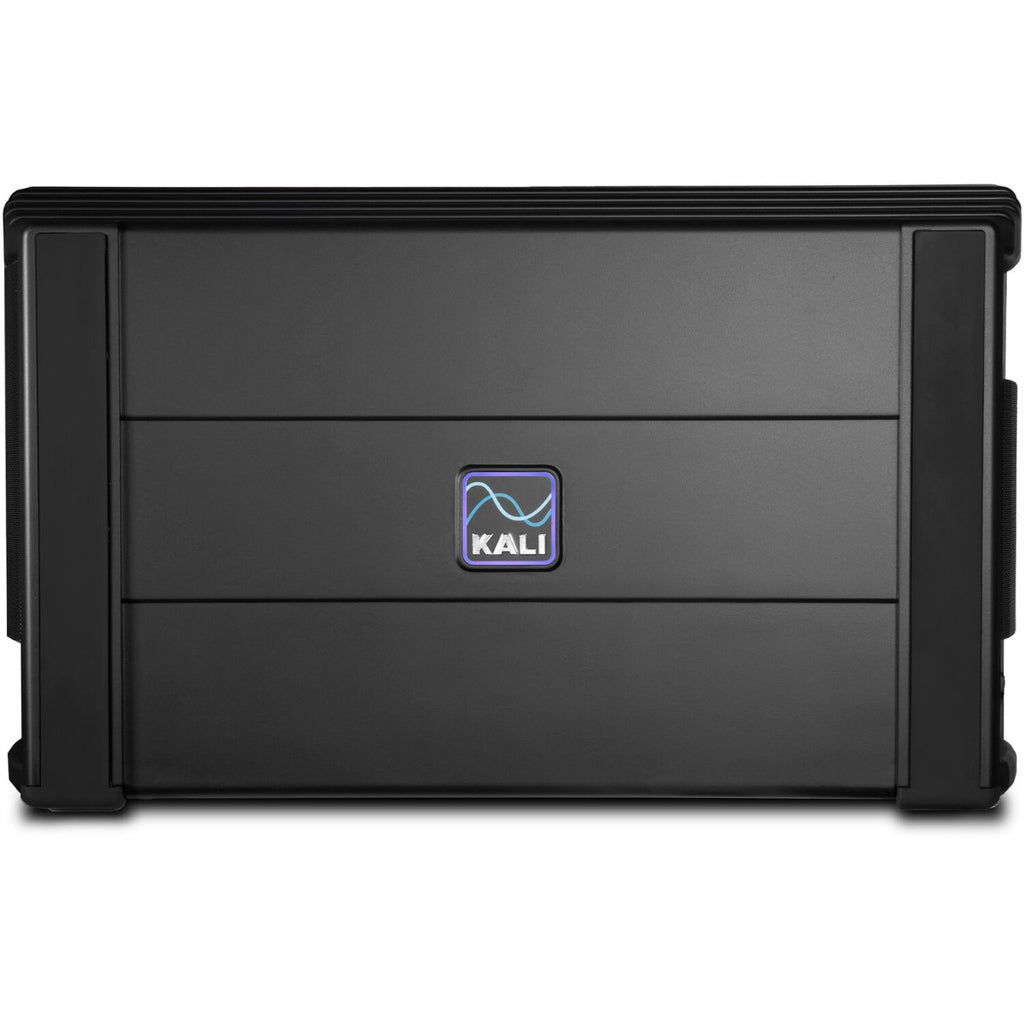 Pair of Kali Audio IN-UNF studio monitors with subwoofer in a professional studio setup, showcasing sleek black speaker design.