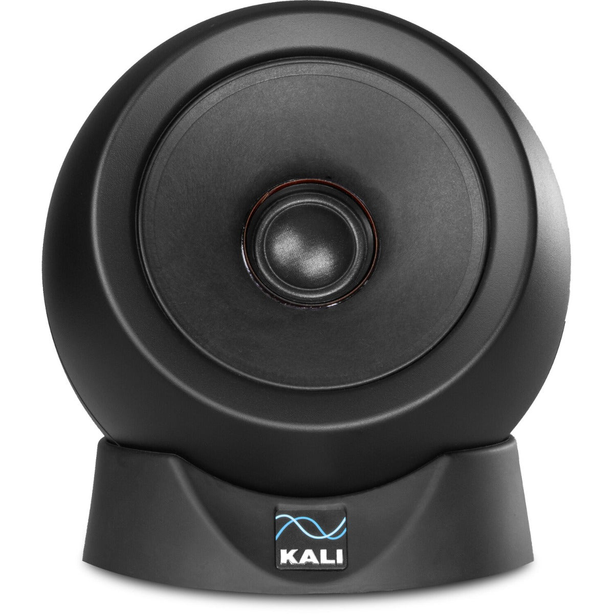 Pair of Kali Audio IN-UNF studio monitor speakers with a matching subwoofer in a professional audio setup.