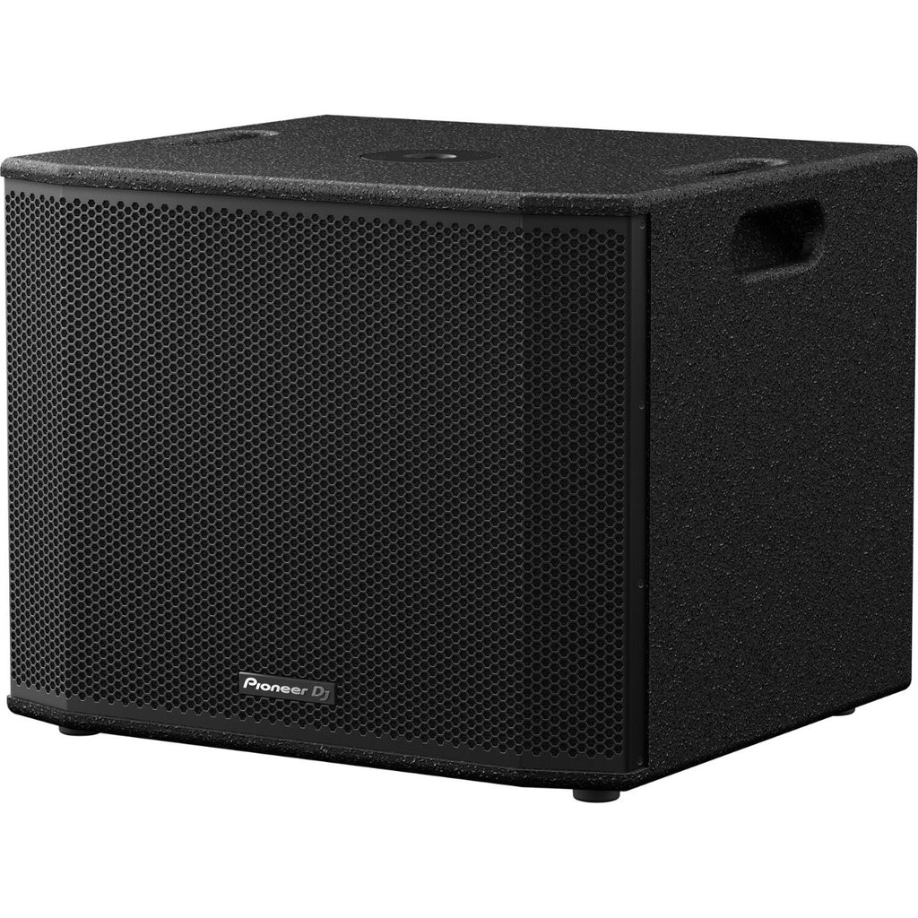 Pioneer DJ XPRS 1182S active subwoofer with black enclosure and control panel, designed for professional audio setups.