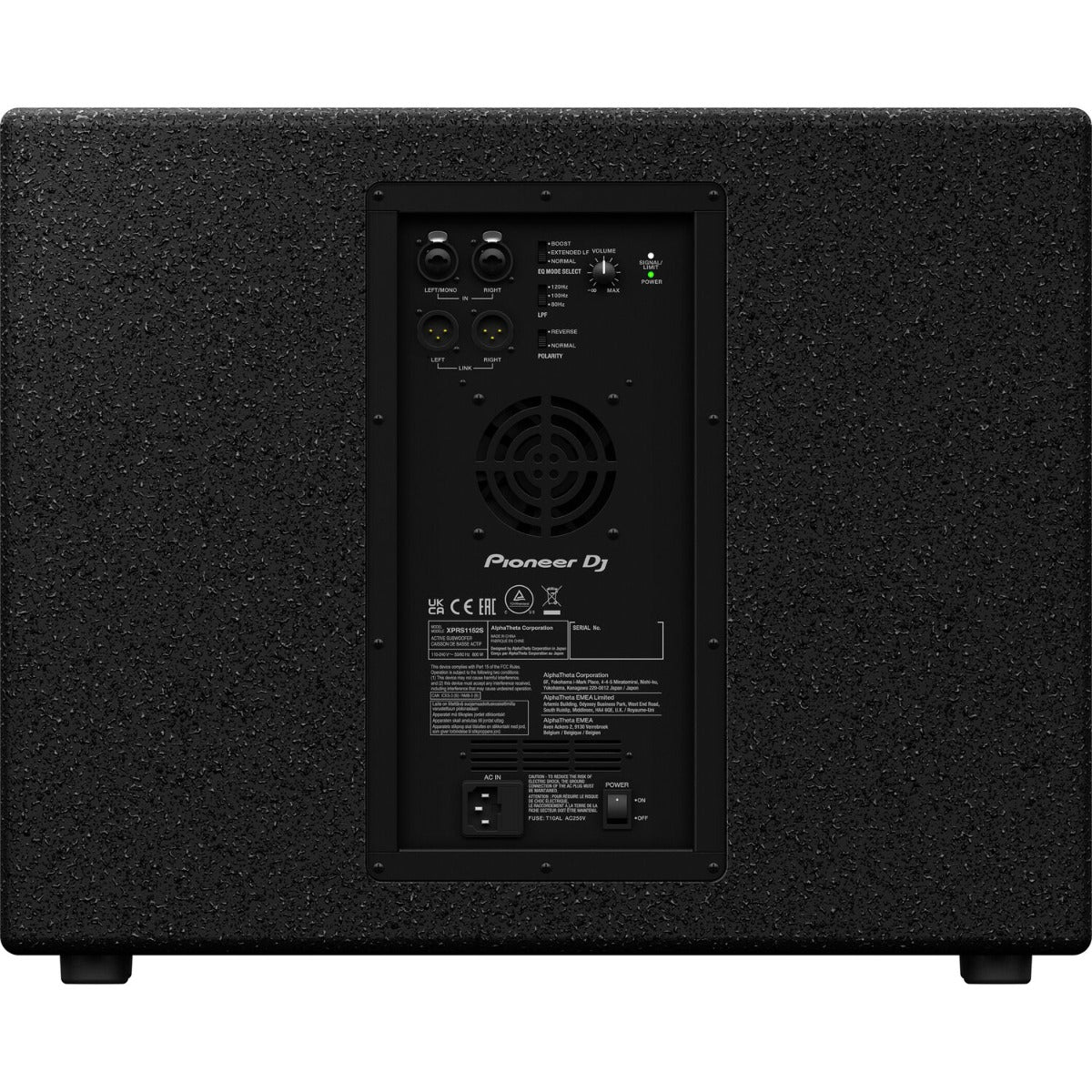 Pioneer DJ XPRS 1182S active subwoofer with black enclosure and control panel, designed for high-power sound reinforcement.