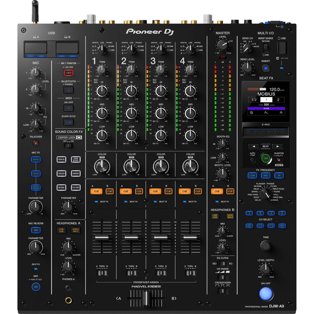 Pioneer DJ DJM-A9 professional DJ mixer with multiple channels, knobs, and colorful LED displays for live music mixing.