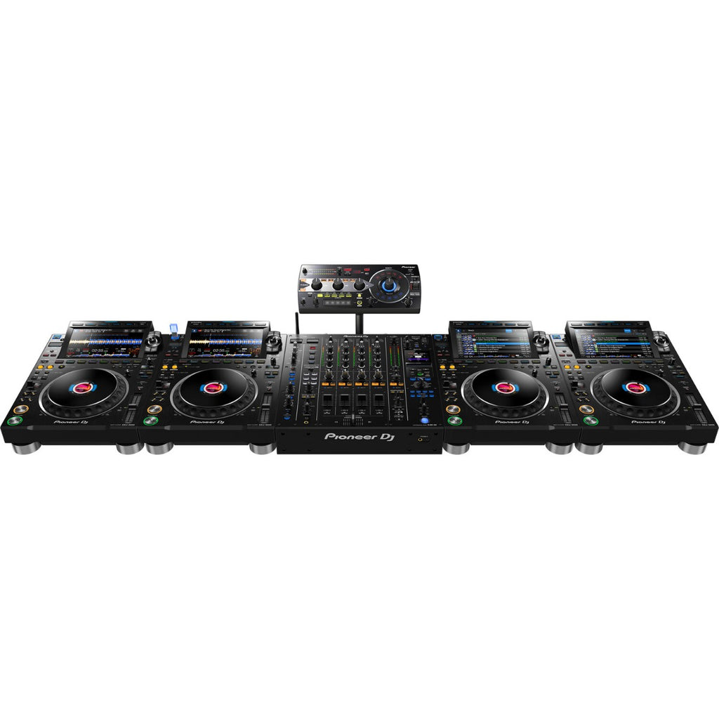 Pioneer DJ DJM-A9 professional DJ mixer with multiple channels, controls, and colorful LED displays for live music mixing.