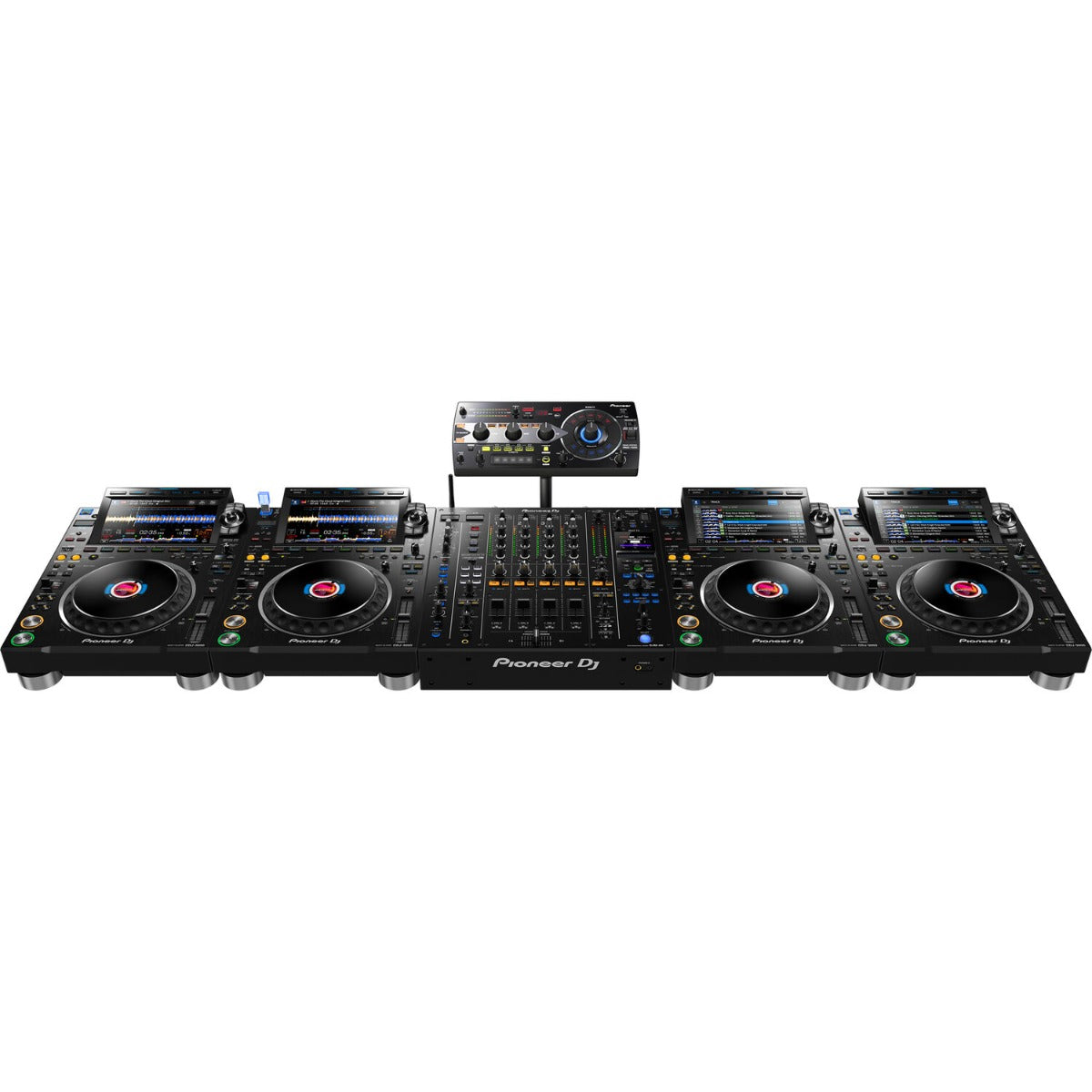 Pioneer DJ DJM-A9 professional DJ mixer with multiple channels, controls, and colorful LED displays for live music mixing.