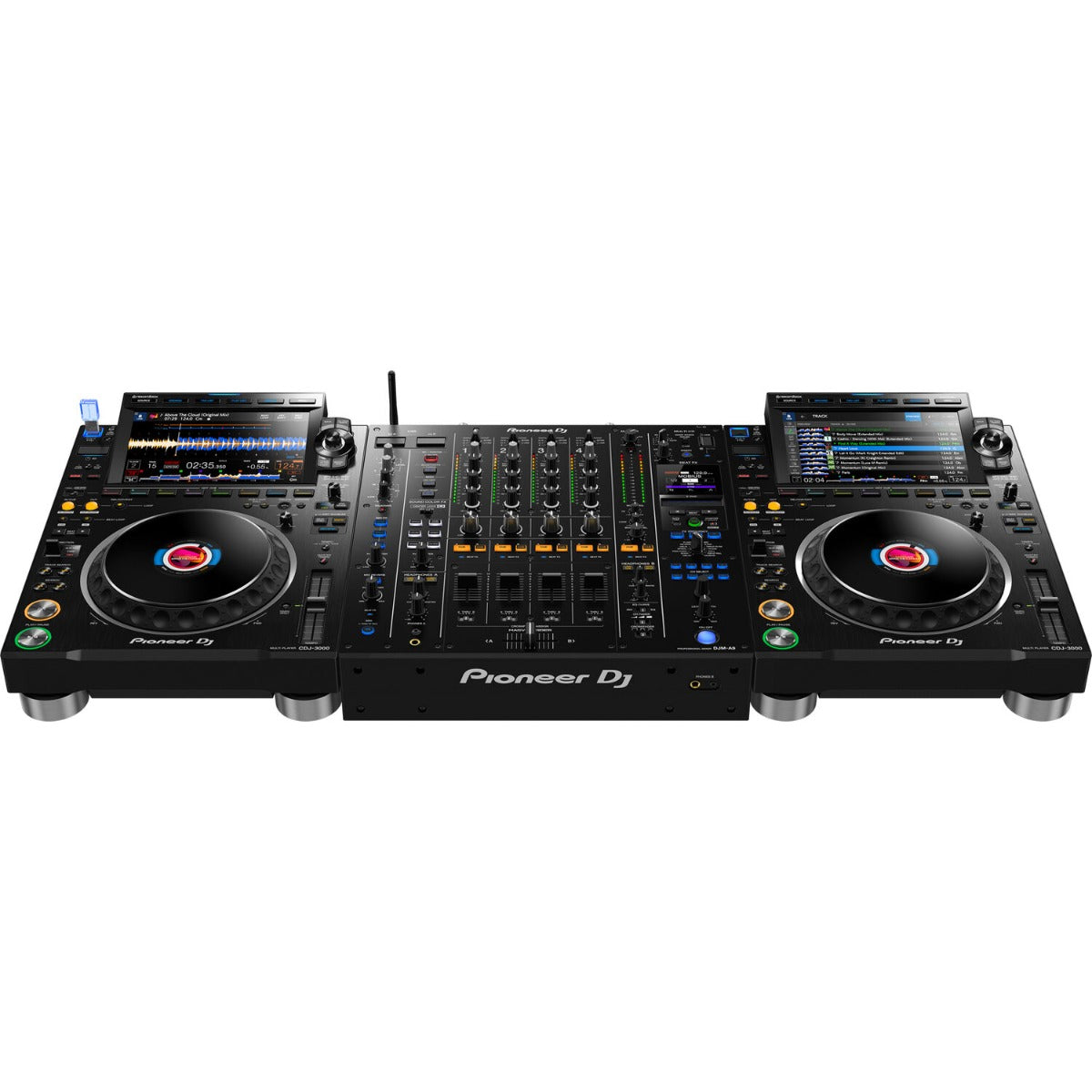 Pioneer DJ DJM-A9 professional DJ mixer with multiple channels, knobs, and faders for live music and mixing.