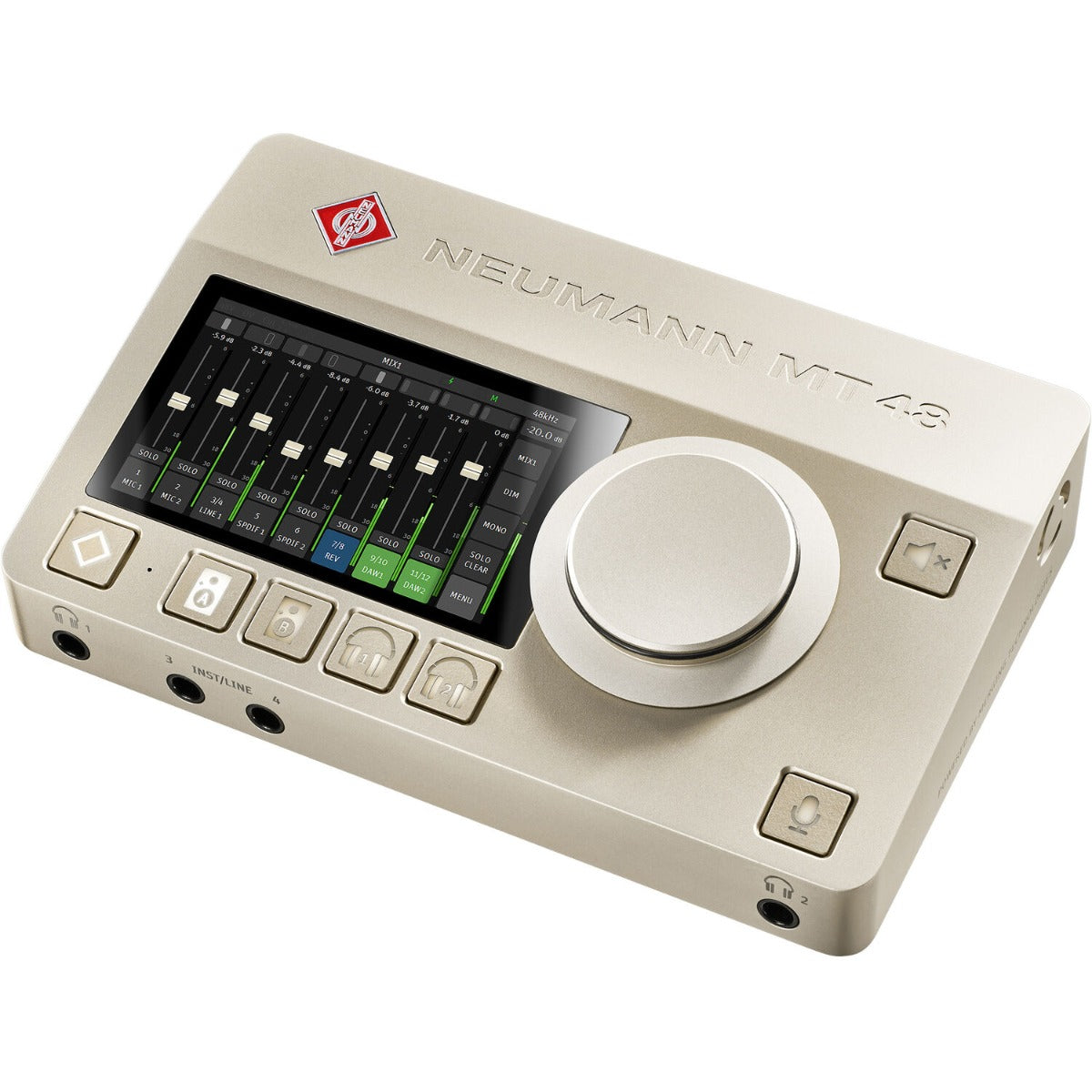 Neumann MT 48 audio interface with multiple input and output ports, compact design, and professional-grade audio equipment.