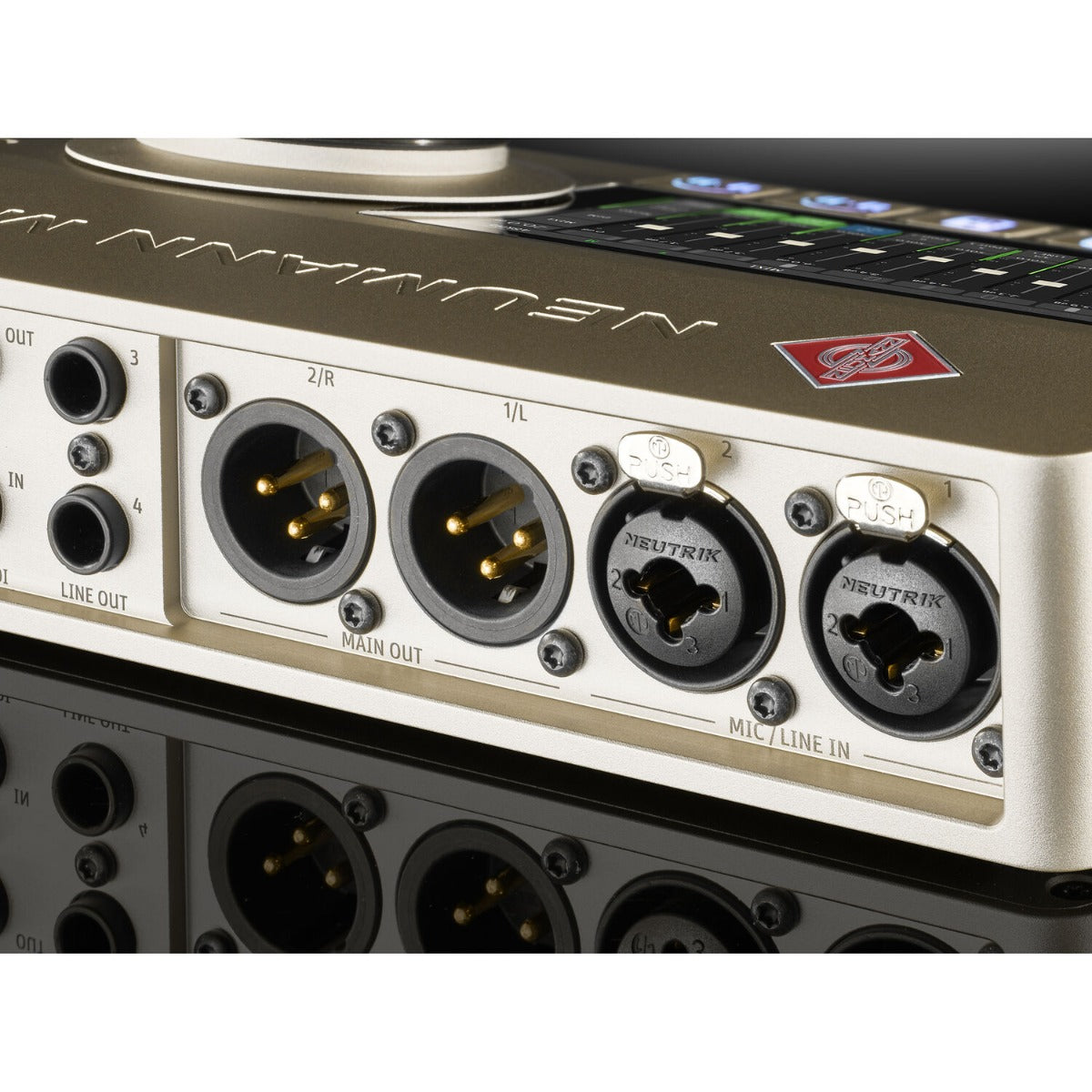 Neumann MT 48 audio interface with multiple input and output ports, compact design, and professional audio equipment features