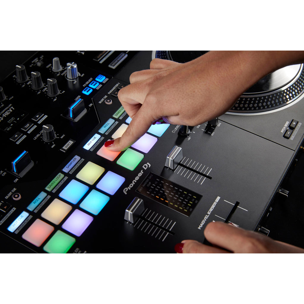 Pioneer DDJ-REV7 black DJ controller featuring jog wheels, performance pads, and intuitive layout for DJs.