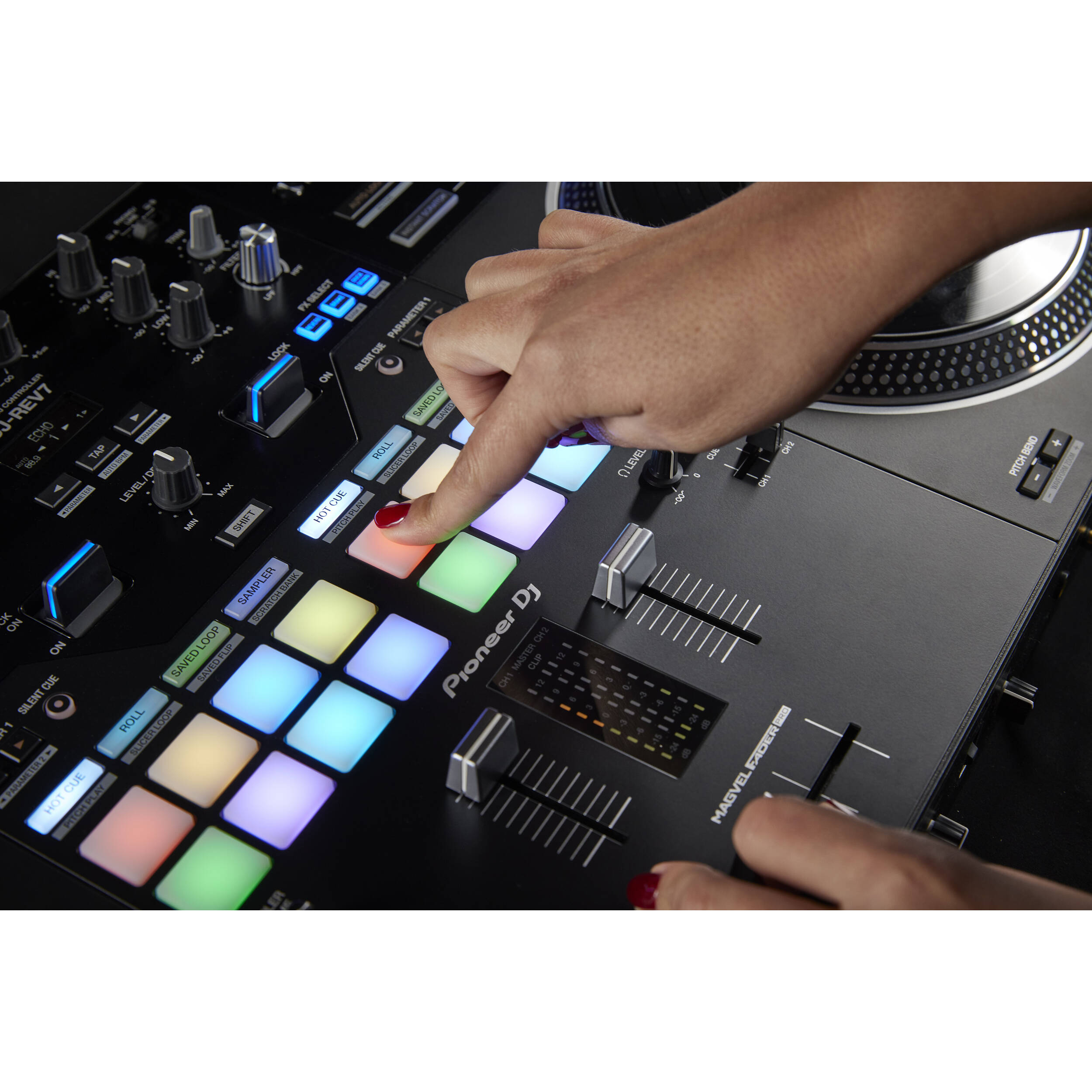 Pioneer DDJ-REV7 black DJ controller featuring jog wheels, performance pads, and intuitive layout for DJs.