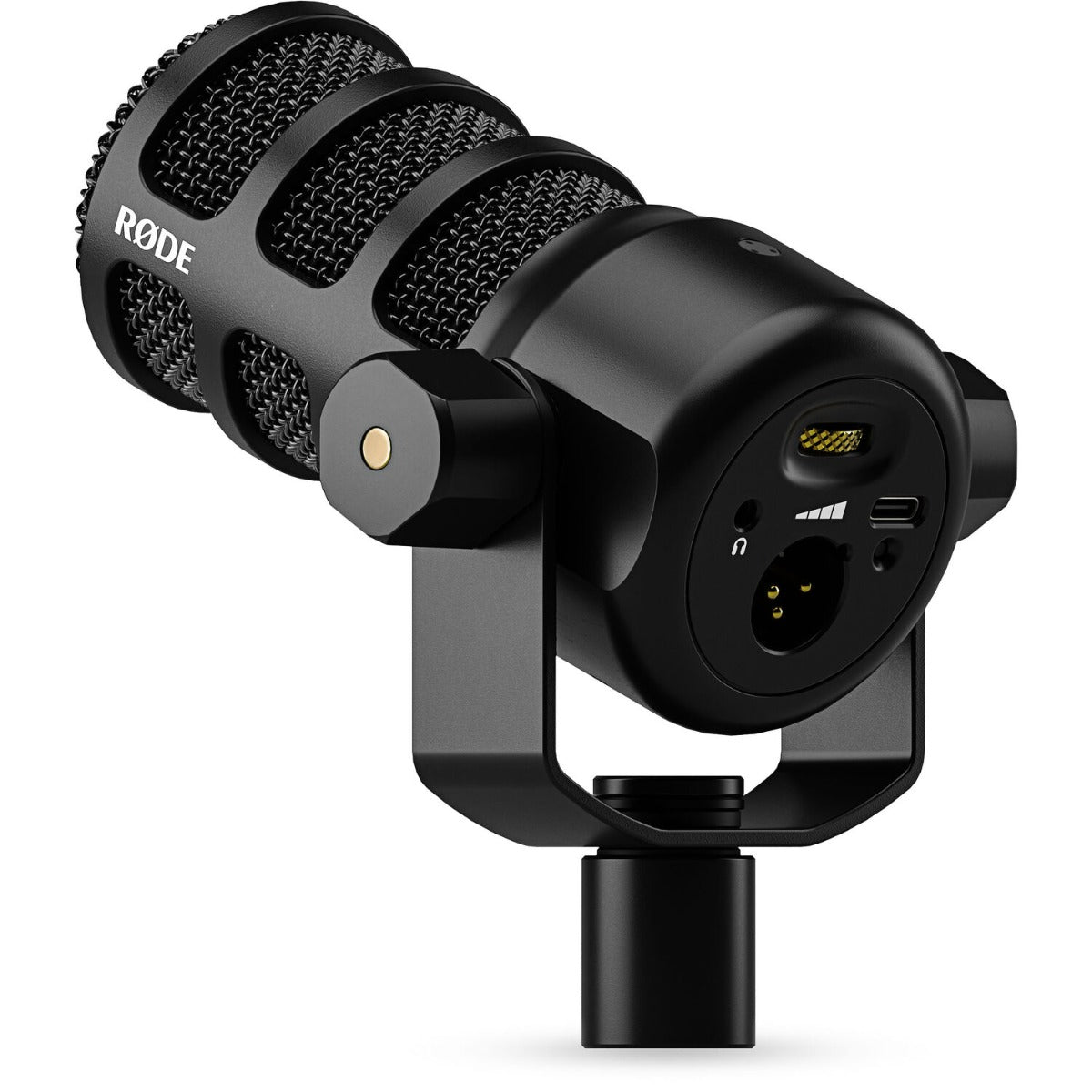 Rode Podmic USB microphone with black grille and stand, designed for professional audio recording and streaming.