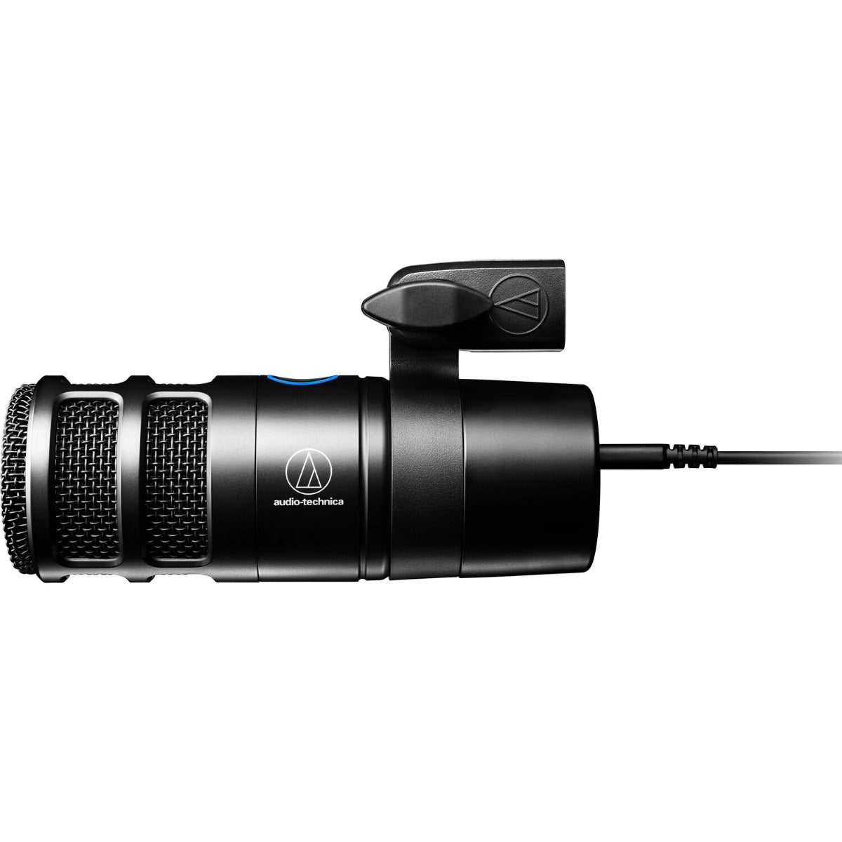 Audio Technica AT2040USB condenser microphone for podcasting or streaming, with a sleek black design and adjustable stand.