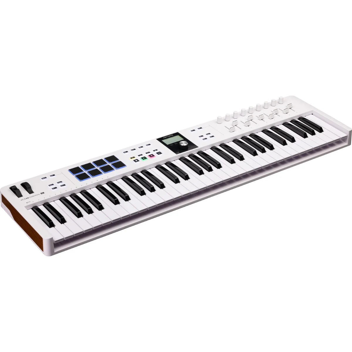 Arturia KeyLab Essential 61 MK3 MIDI keyboard with 61 keys, control knobs, and USB connectivity for music production.