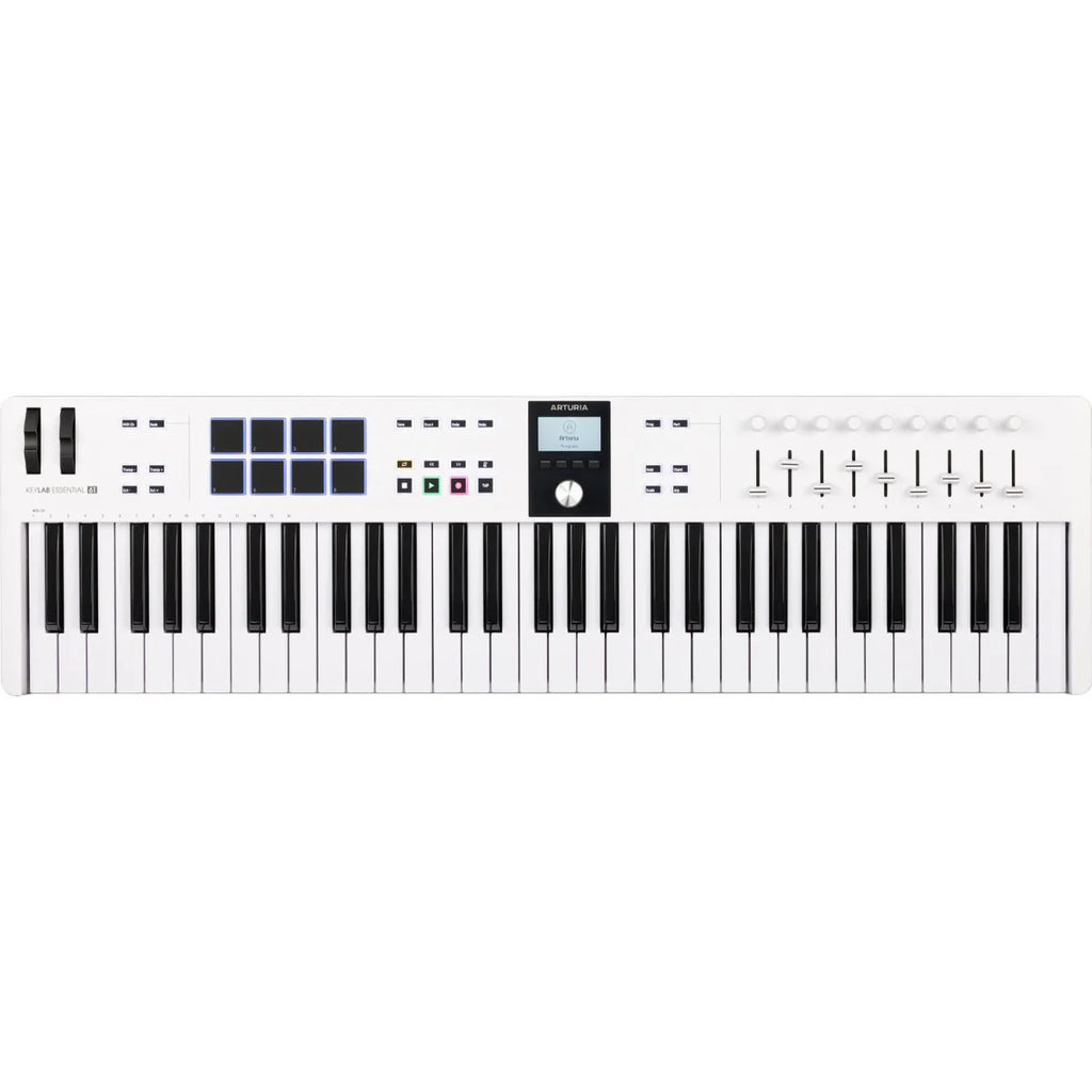 Arturia KeyLab Essential 61 MK3 MIDI keyboard with 61 keys, control knobs, and software integration for music production.