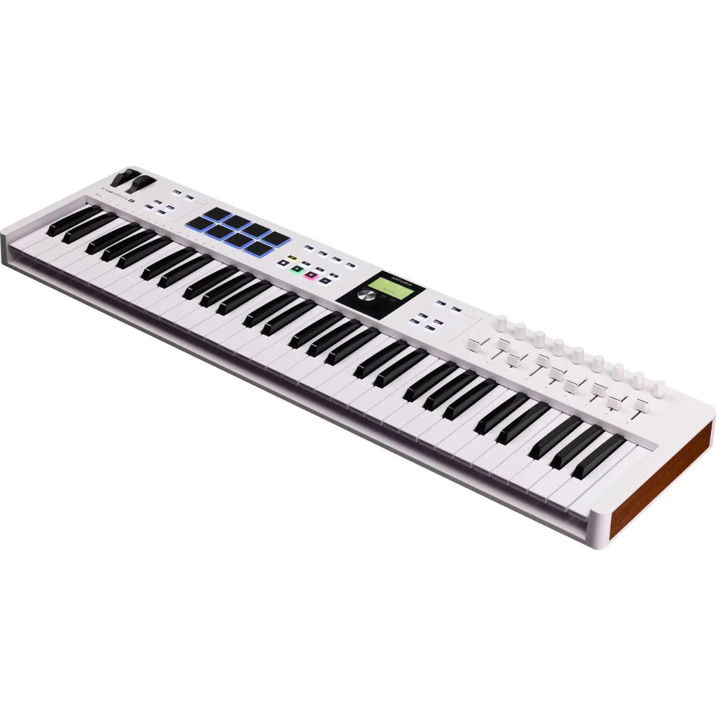 Arturia KeyLab Essential 61 MK3 MIDI keyboard with 61 keys, control knobs, and pads for music production and digital performance.
