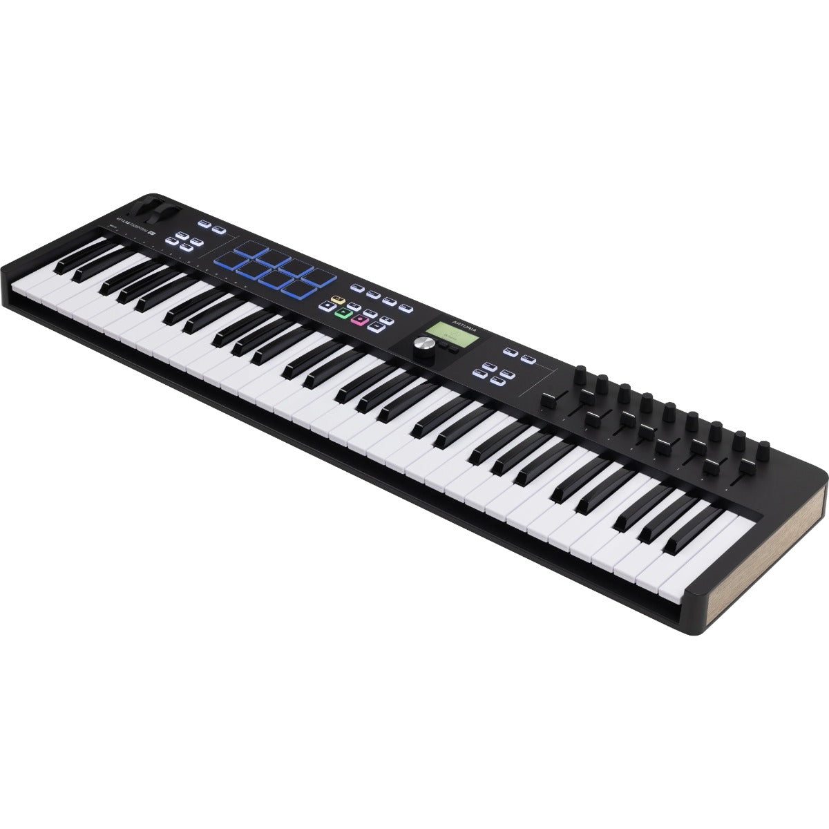 Arturia KeyLab Essential 61 MK3 MIDI keyboard with black keys, featuring control knobs and a compact design for music production.