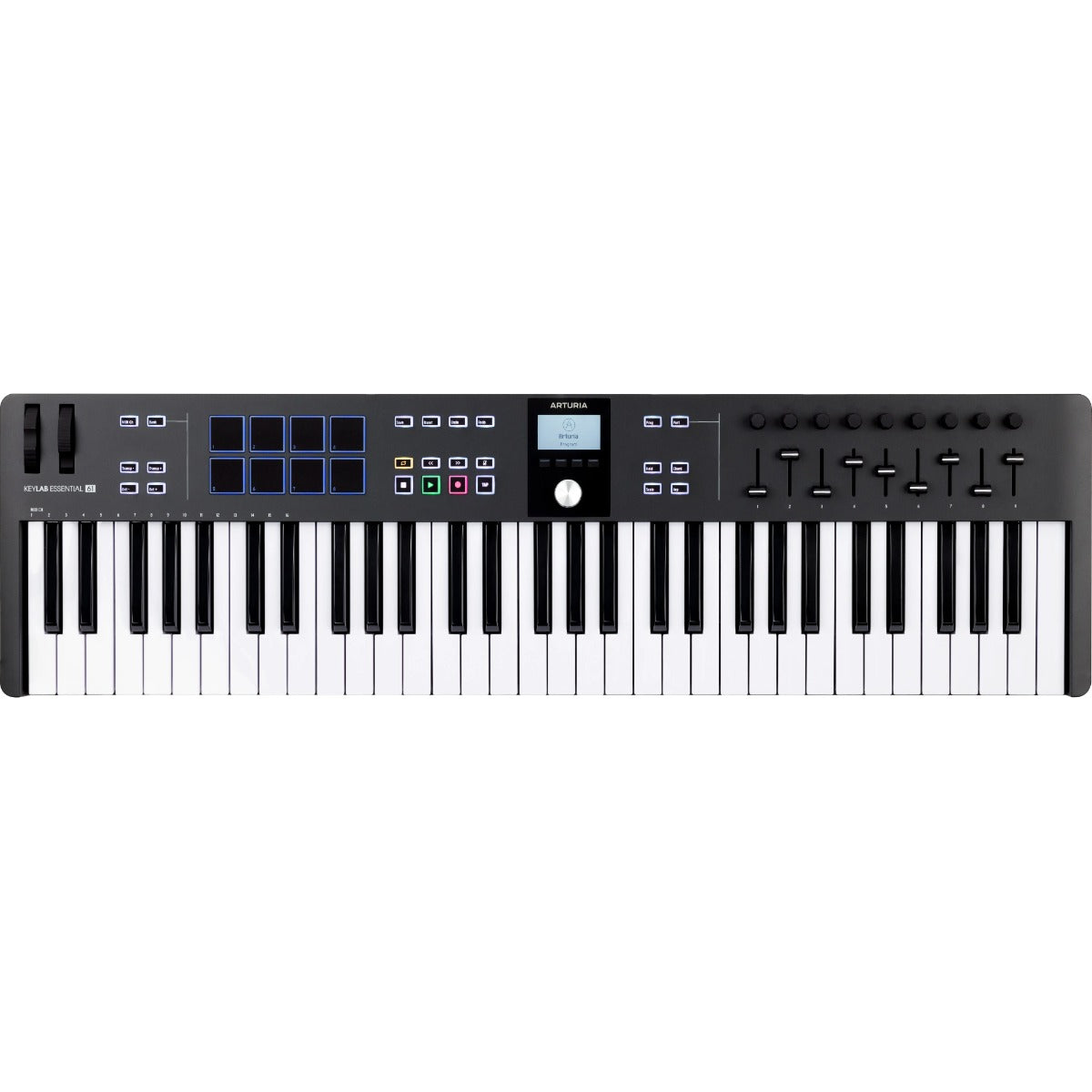 Arturia KeyLab Essential 61 MK3 MIDI keyboard with black keys, control knobs, and keyboard keys, designed for music production.
