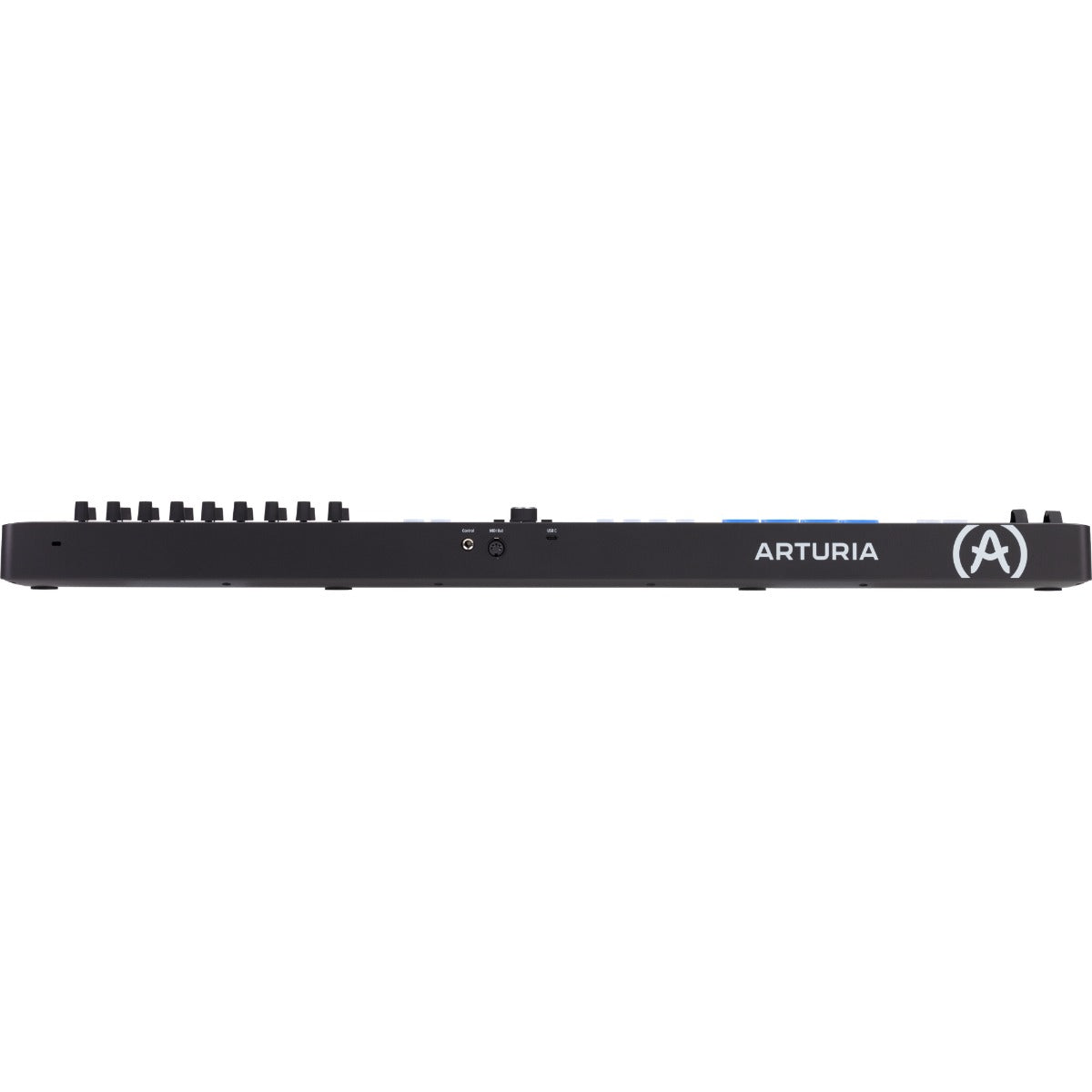 Black Arturia KeyLab Essential 61 MK3 MIDI keyboard with control knobs and keys, designed for music production and performance.