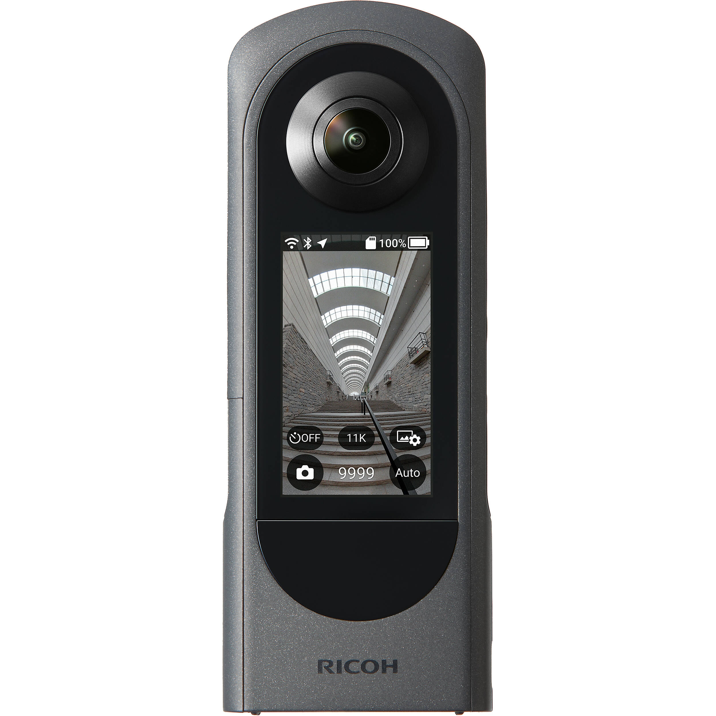 Ricoh Theta X 360-degree video camera with lens and controls, designed for capturing immersive 3D videos and images.