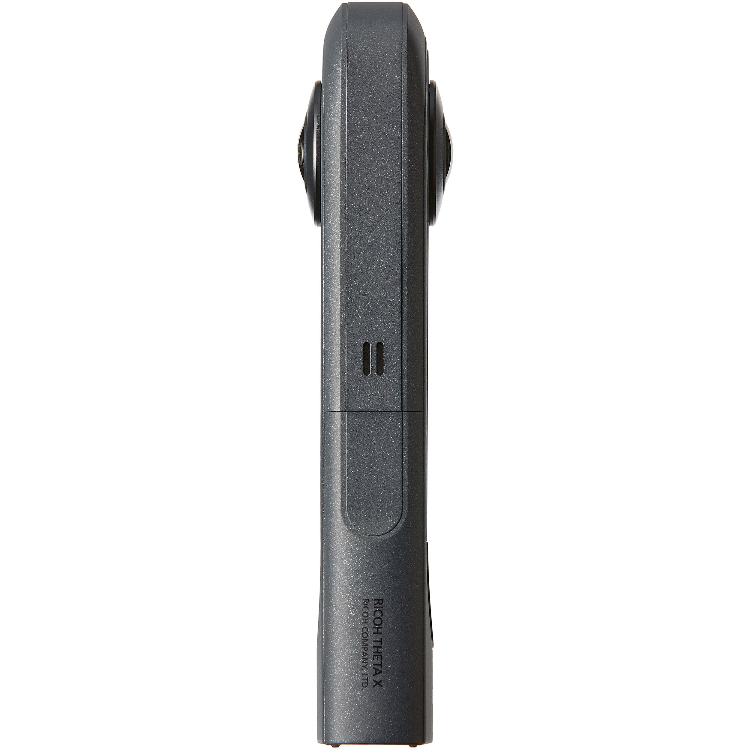Ricoh Theta X 360-degree video camera with dual lenses and sleek black design, ideal for immersive 3D video recording.