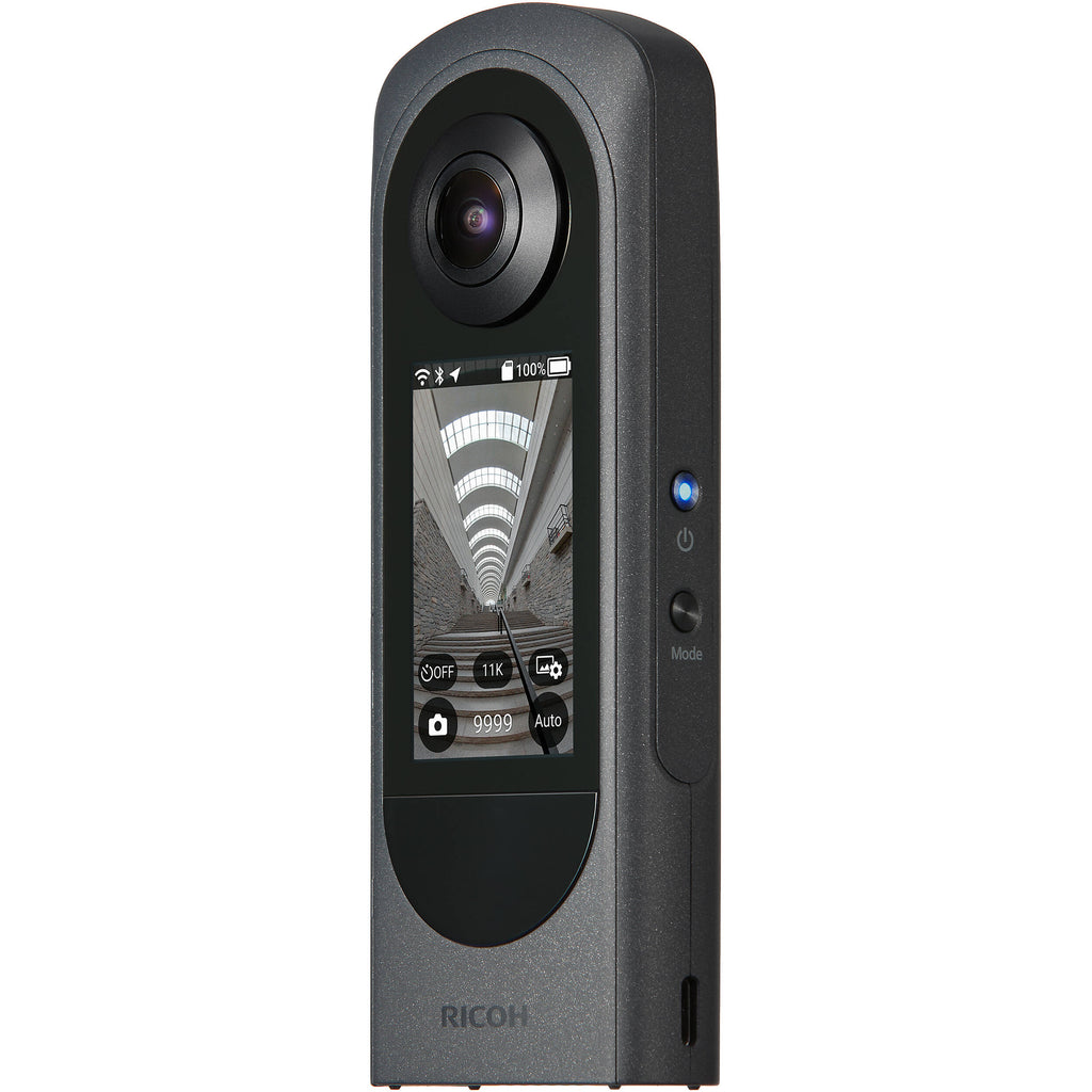 Ricoh Theta X 360-degree video camera with dual lenses and compact design, ideal for immersive 3D video recording.