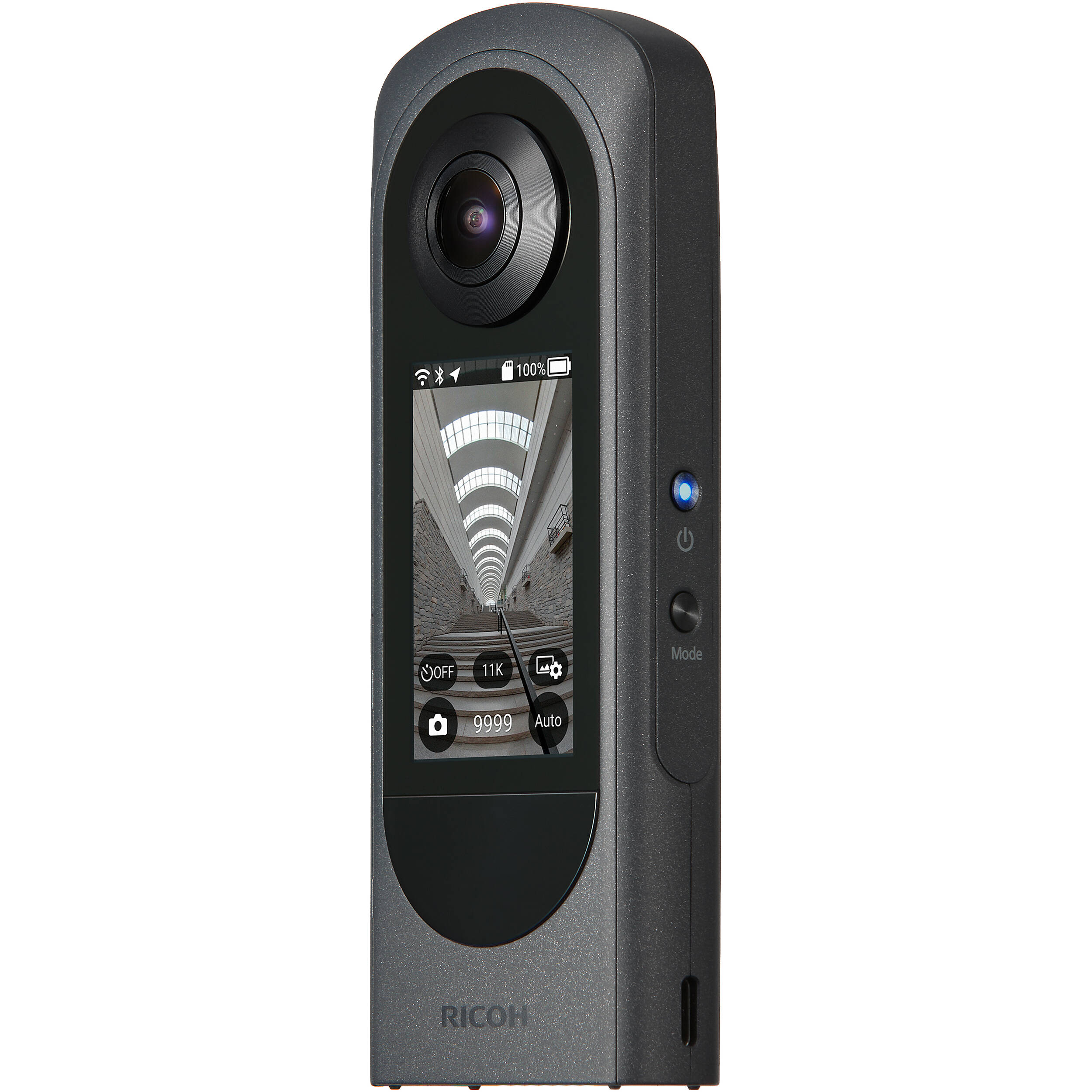 Ricoh Theta X 360-degree video camera with dual lenses and compact design, ideal for immersive 3D video recording.