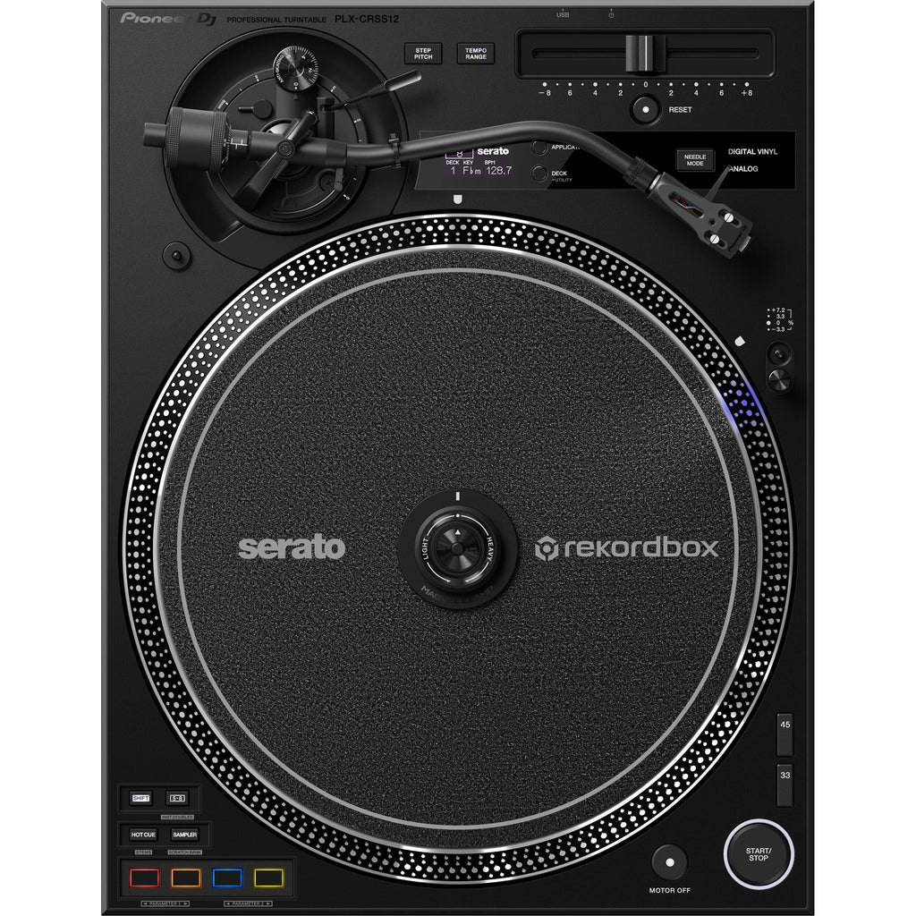Pioneer DJ PLX-CRSS12 DJ turntables with sleek black design and control knobs, ideal for professional DJ setups