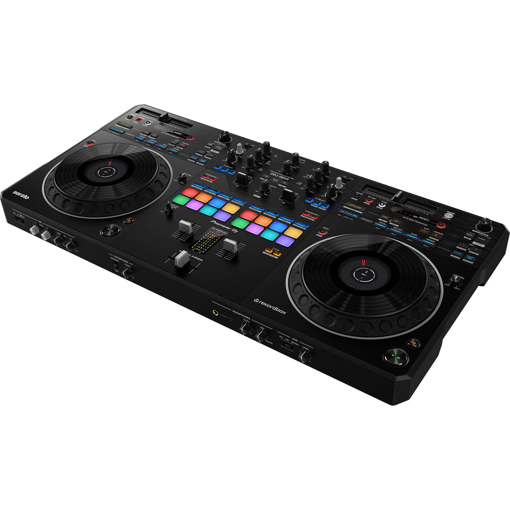 Pioneer DJ DDJ-REV5 DJ controller with jog wheels, mixer, and performance pads for professional DJ setup.