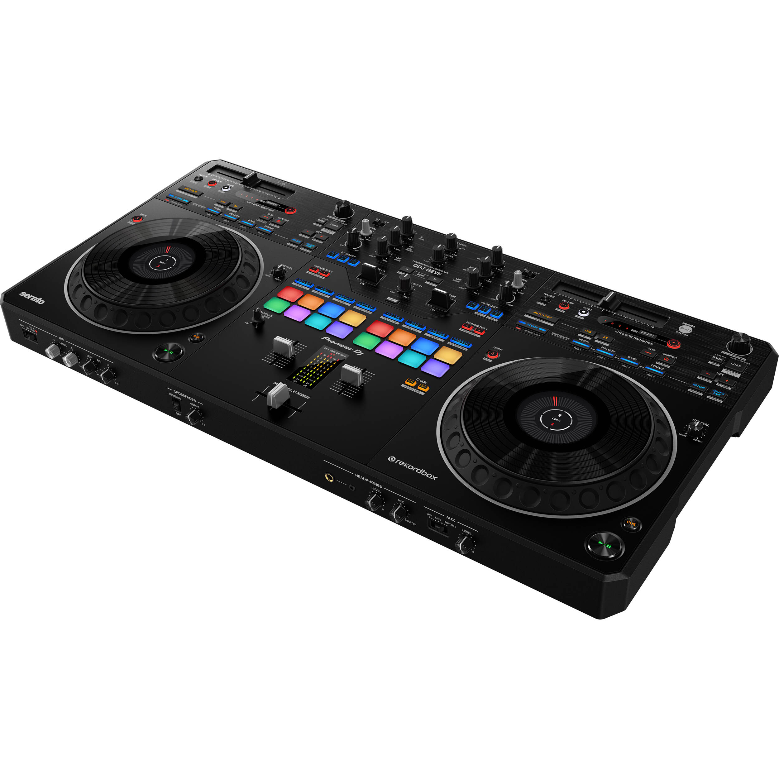 Pioneer DJ DDJ-REV5 DJ controller with jog wheels, mixer, and performance pads for professional DJ setup.