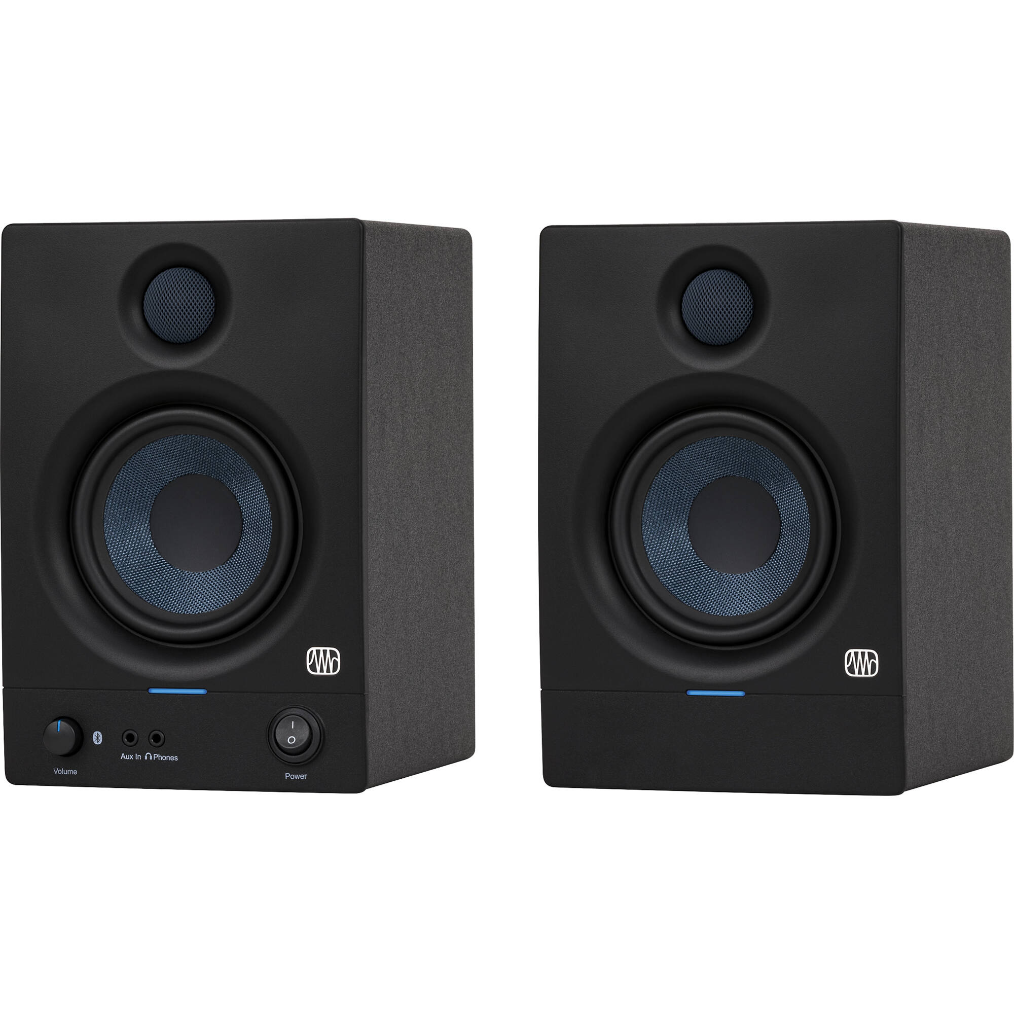 Presonus Eris 4.5 BT second-generation desktop speakers with black finish and control knobs, designed for studio and home use.