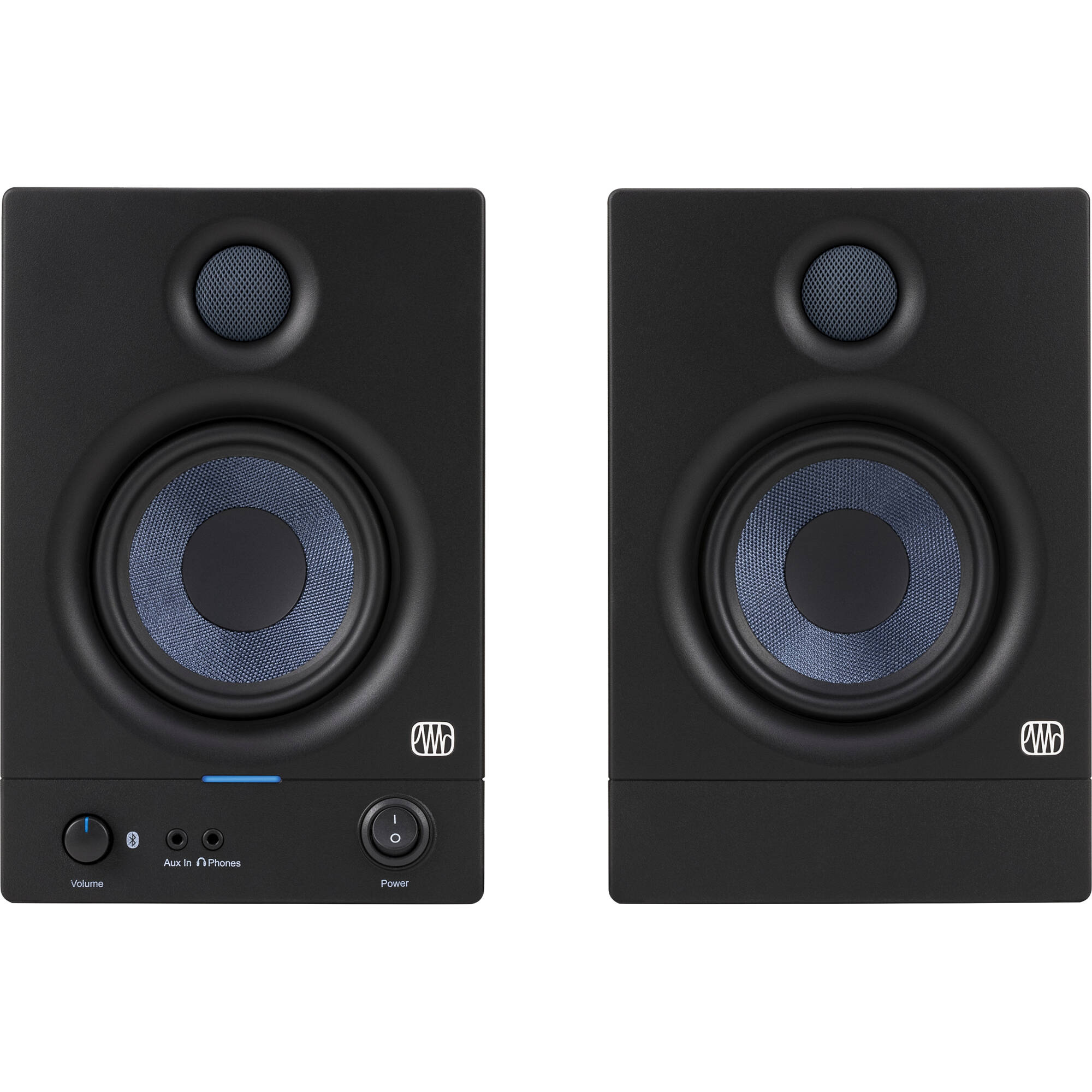 Presonus Eris 4.5 BT 2nd Gen desktop speakers with black finish, compact design, and control knobs on the front panel.