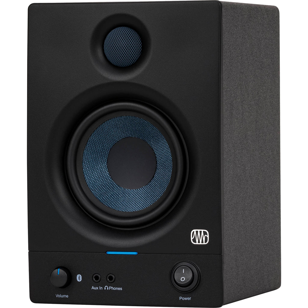 Presonus Eris 4.5 BT 2nd Gen desktop speakers with black enclosure and control knobs on front panel.