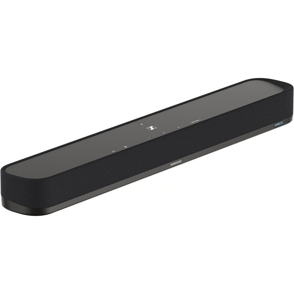 Sennheiser Ambeo Soundbar Mini with sleek black design and multiple speaker drivers for immersive TV audio.