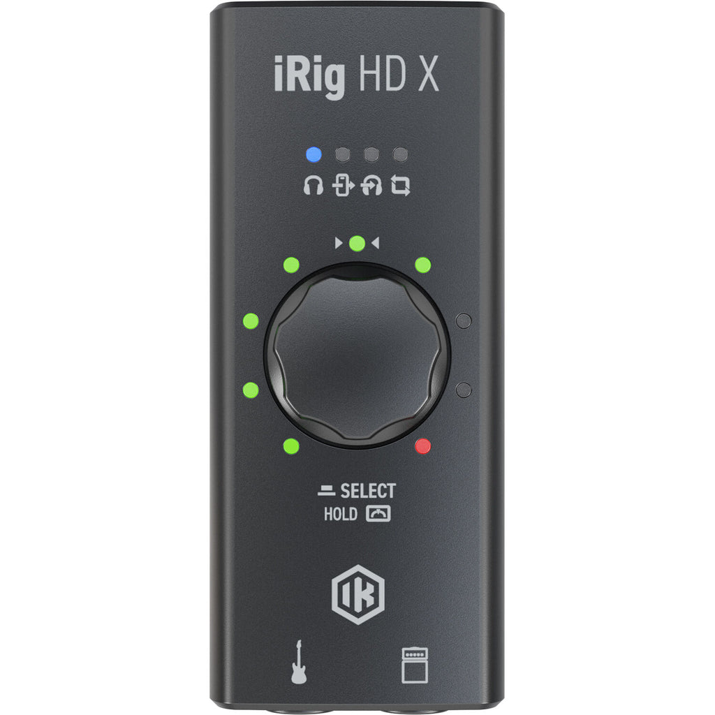 IK Multimedia iRig HD X audio interface with guitar input and USB connection, shown on a white background.