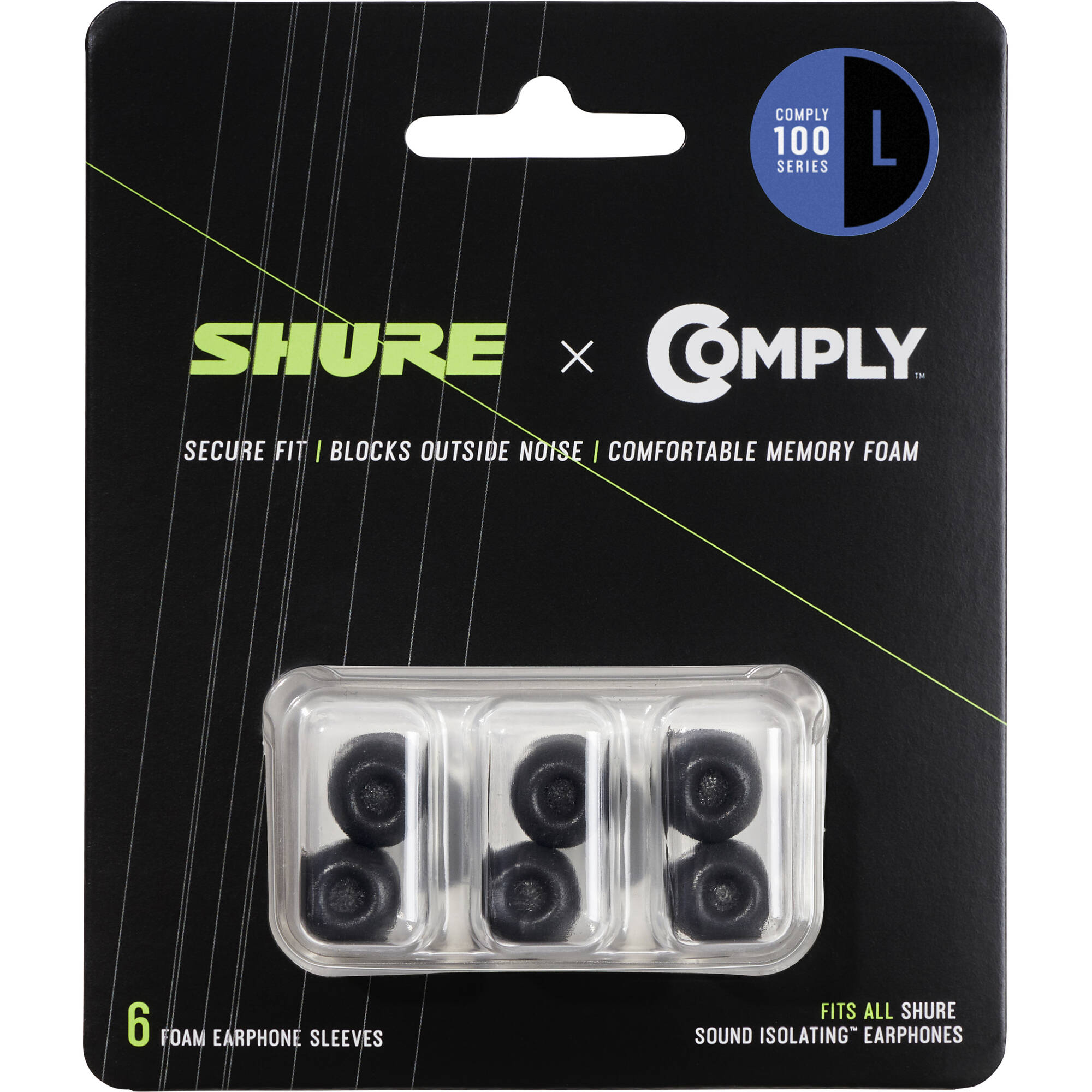 Shure EACYF1-6L black foam earpad sleeves for headphones, large size, three pairs shown in the image.