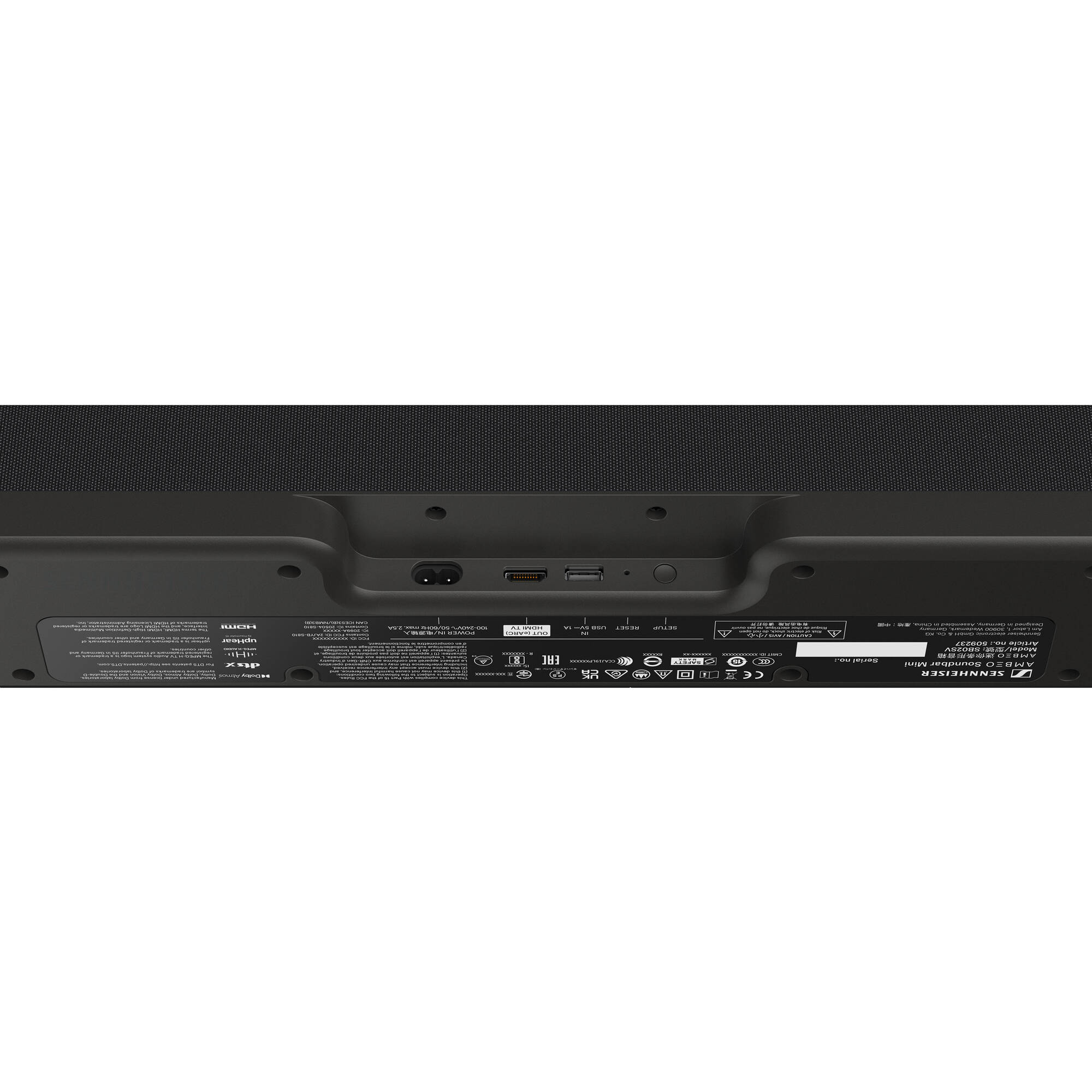 Sennheiser Ambeo Soundbar Mini for TV audio, sleek black design with multiple speaker drivers and minimalist front grille.