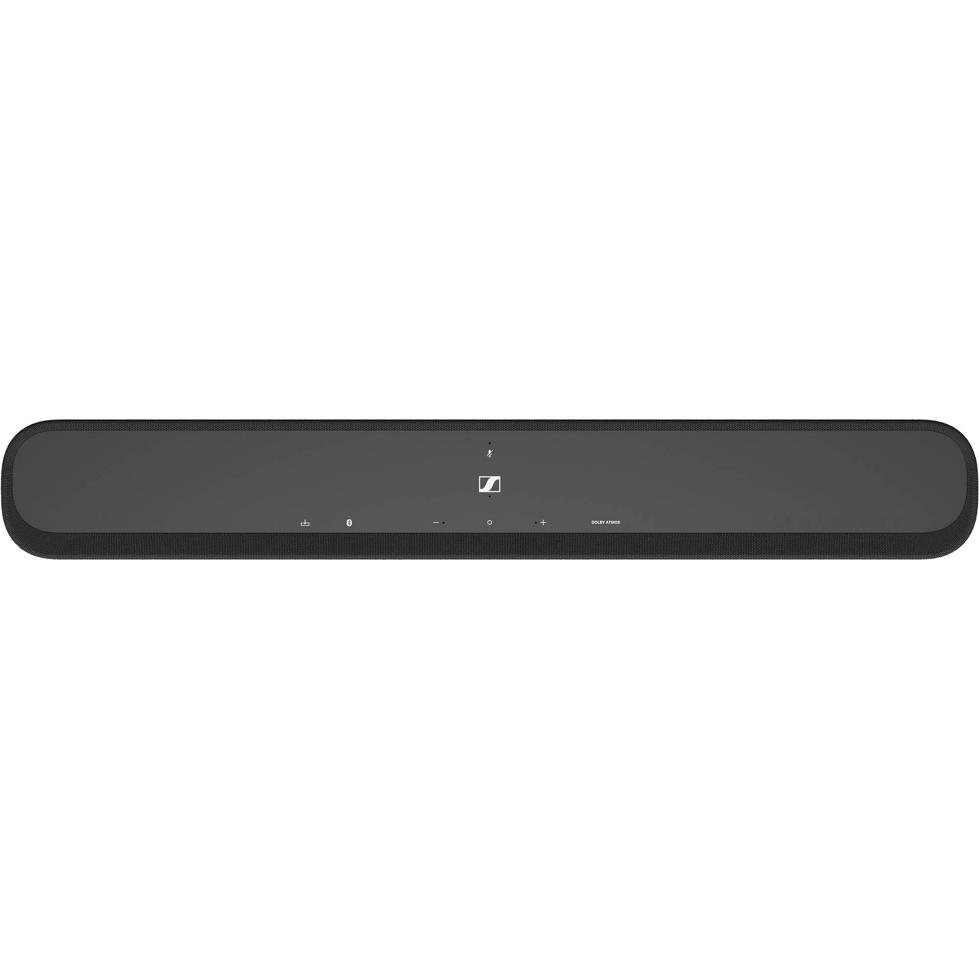 Sennheiser Ambeo Soundbar Mini with sleek black design, compact TV speaker showcasing multiple audio drivers and control buttons.