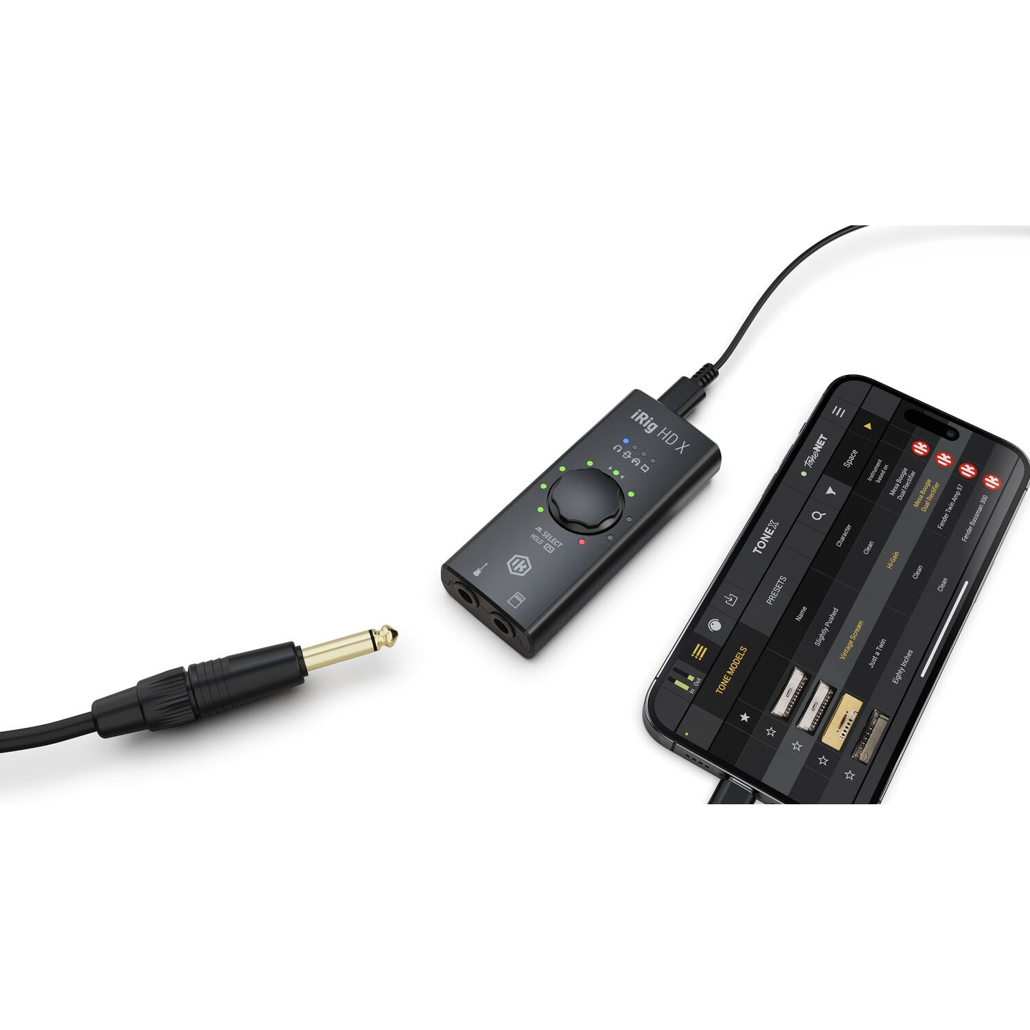 IK Multimedia iRig HD X audio interface with USB connection and input/output ports for guitar and instrument recording.