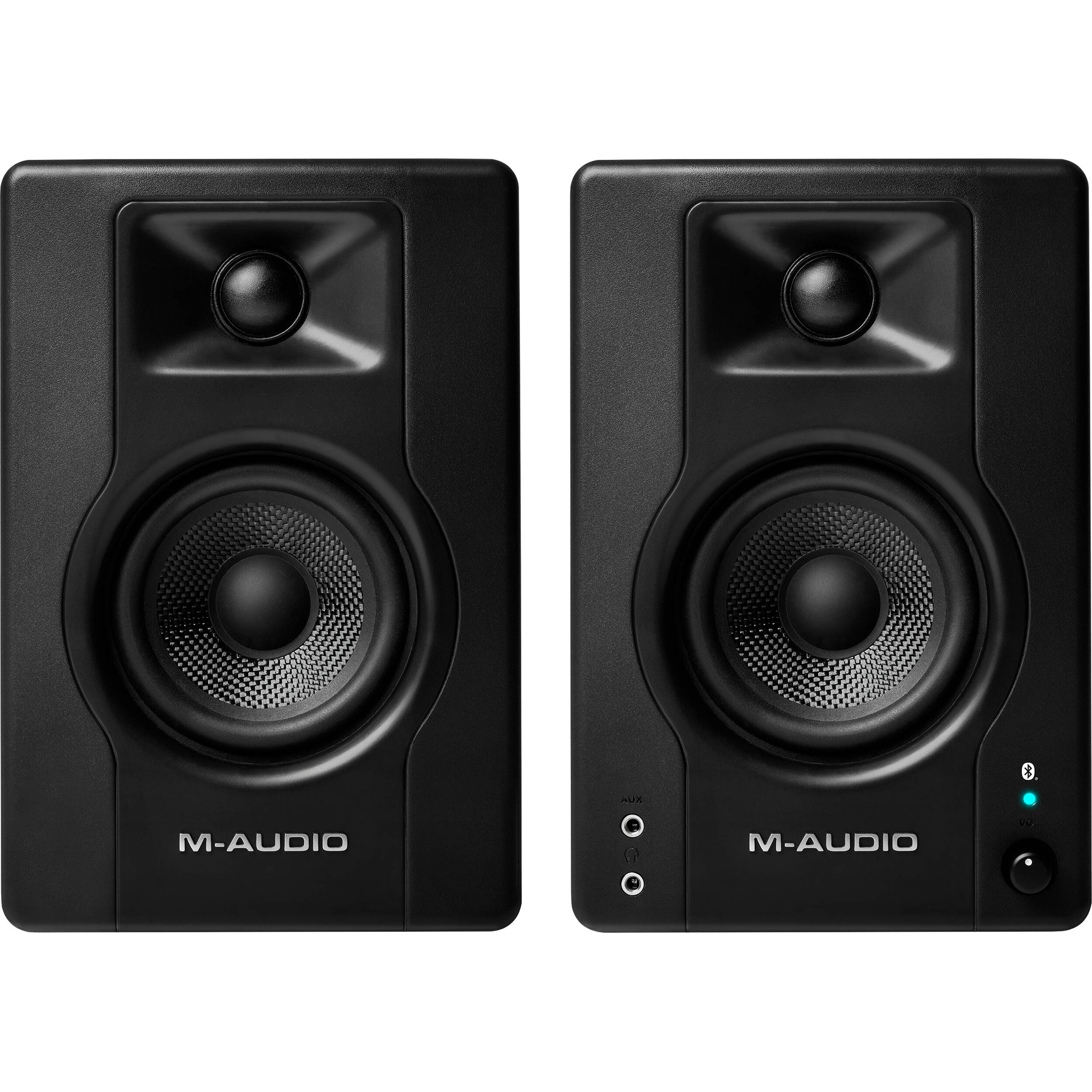 M-Audio BX3 BT desktop speakers with black finish and control knobs on the front, designed for high-quality audio monitoring.