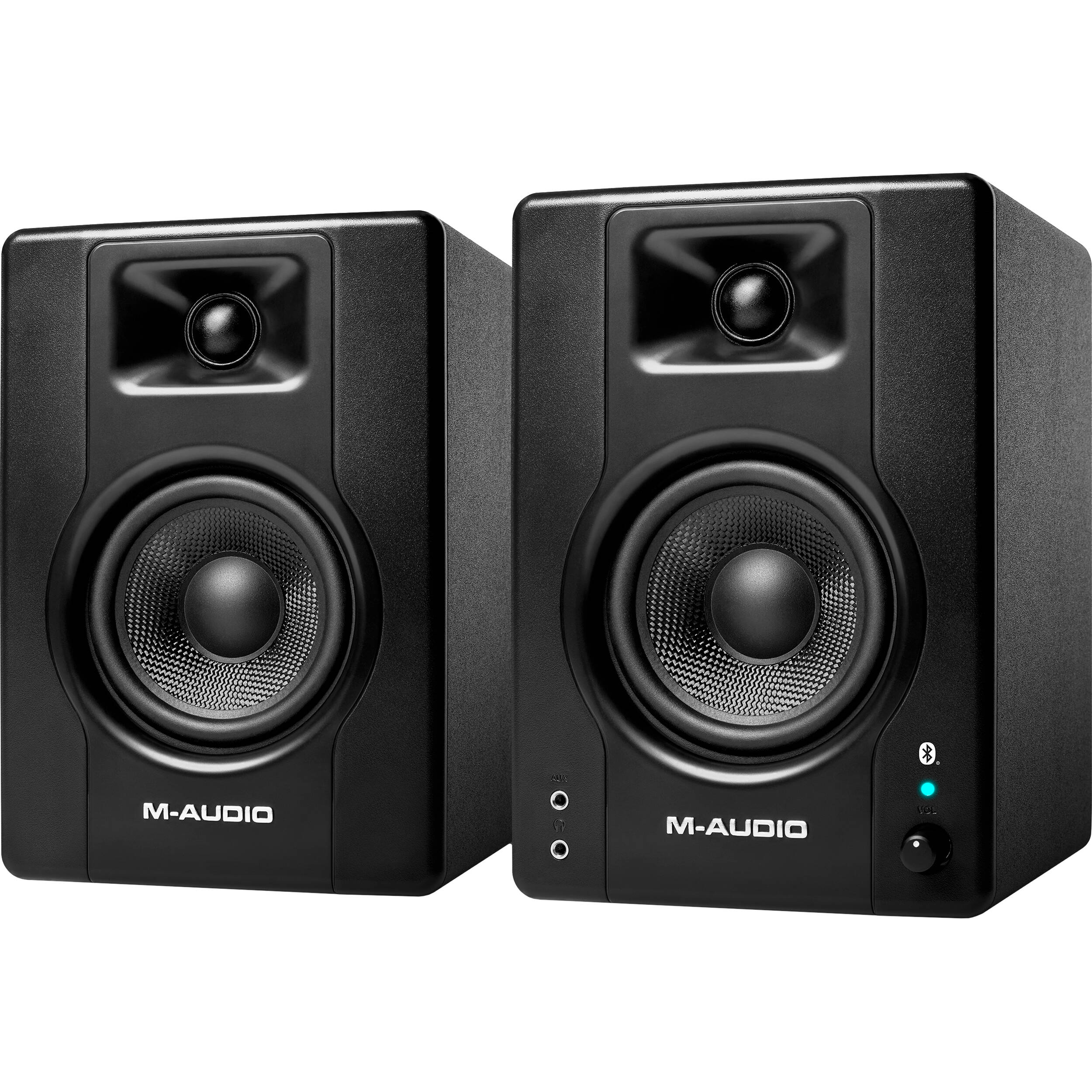 M-Audio BX4 BT desktop speakers with black finish and control knobs, designed for high-quality audio monitoring.