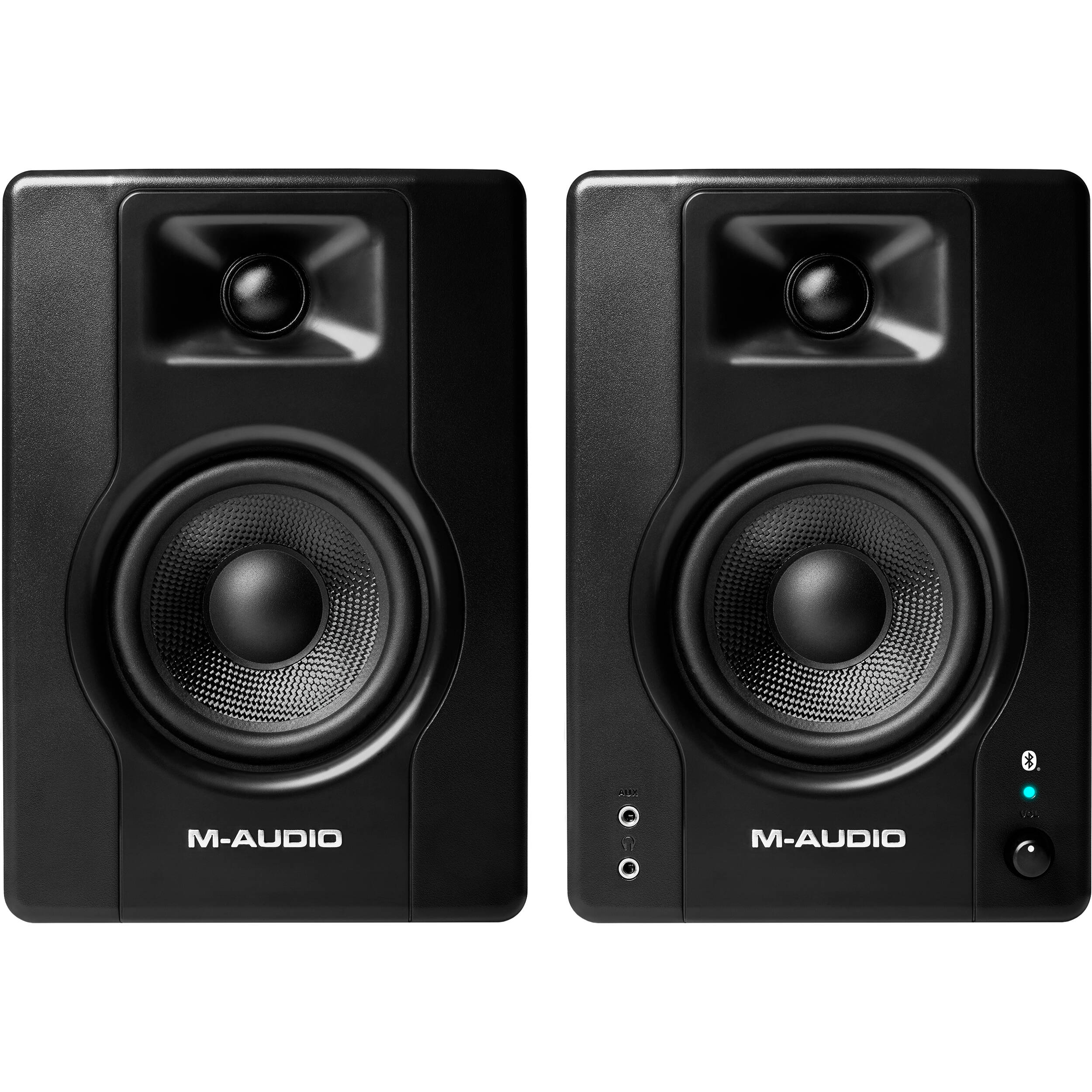 M-Audio BX4 BT desktop speakers with black finish, compact design, and control knobs on the front for audio adjustments.