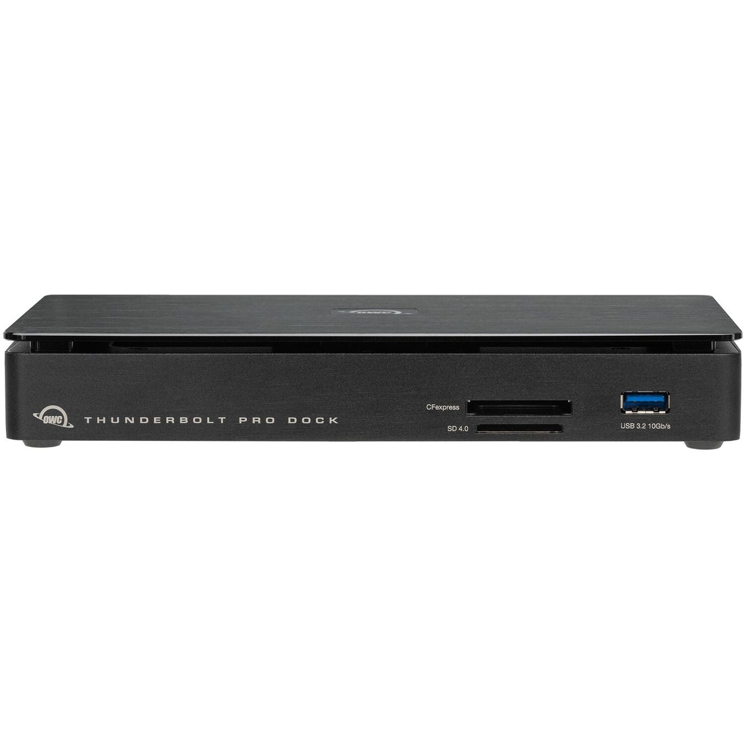 OWC Thunderbolt Pro Dock with multiple ports including USB, Ethernet, and audio jacks on a sleek black surface.