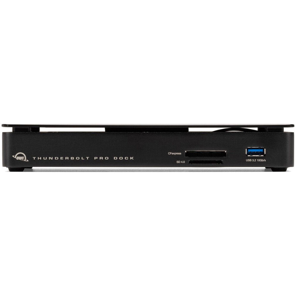 OWC Thunderbolt Pro Dock showing multiple ports including Thunderbolt, USB, and Ethernet on sleek black docking station